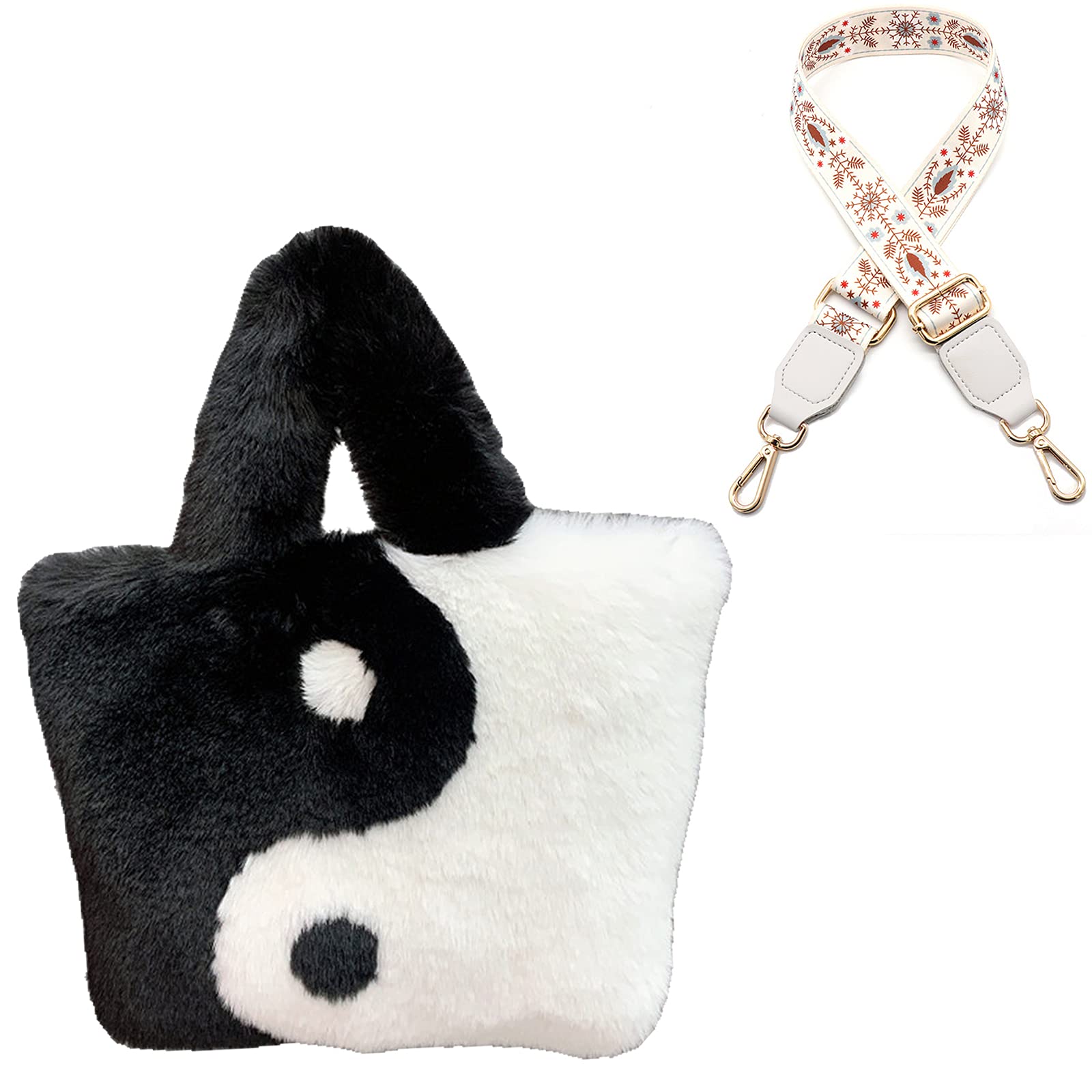 HSINYA Fluffy Tote Bag for Women - Aesthetic Yin Yang Print Plush Shoulder Bag with Adjustable Straps | Perfect for Work, Travel & Casual Outings