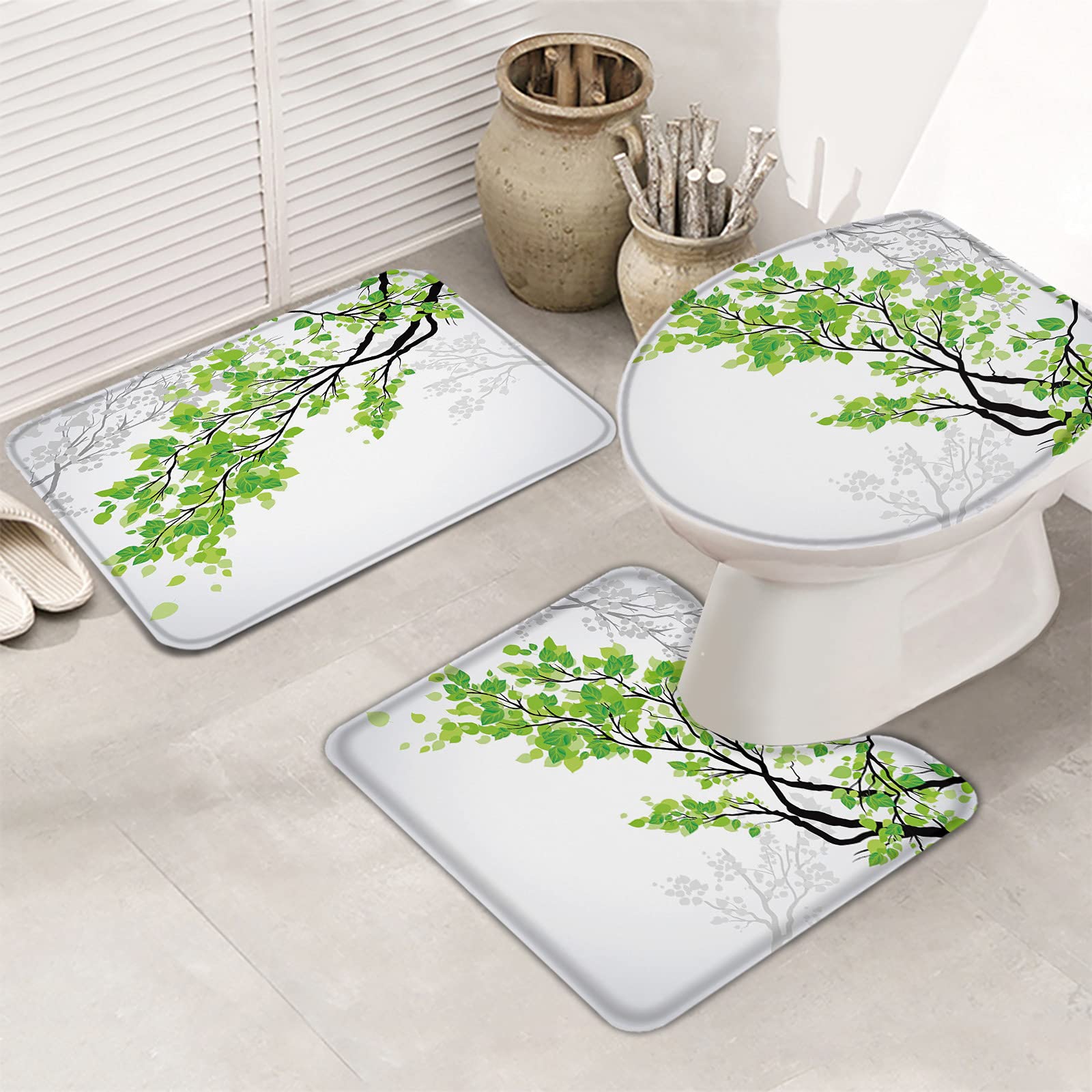 3-Piece Green Leaves Branch Art Bathroom Rug Set - Non-Slip Shower Mat, Contour Mat & Toilet Cover | Soft Absorbent Bath Mats for Bathroom Safety & Style | Perfect for Modern Home Decor