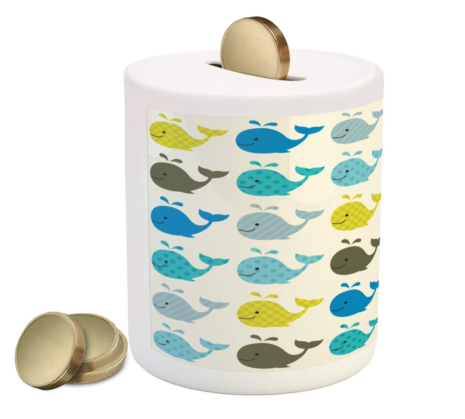 Lunarable Whale Fish Ceramic Piggy Bank - Ocean Themed Money Box for Cash Saving, Yellow & Blue Marine Life Coin Bank | Perfect Gift for Kids, Home Decor & Office Savings