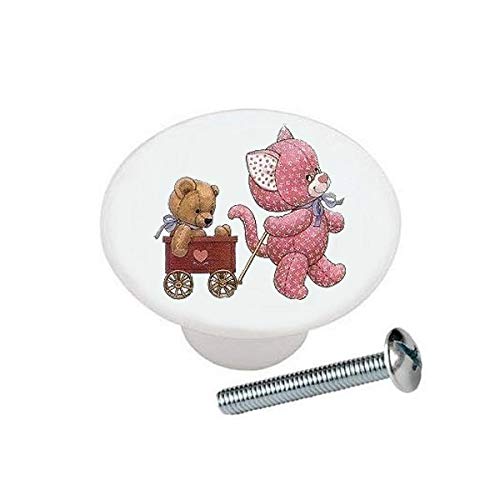 Vintage Patchwork Kitty & Bear Ceramic Drawer Pulls - Cute Cat-Themed Cabinet Knobs for Dressers, Cabinets & Furniture - Perfect for Kids' Rooms & DIY Home Decor
