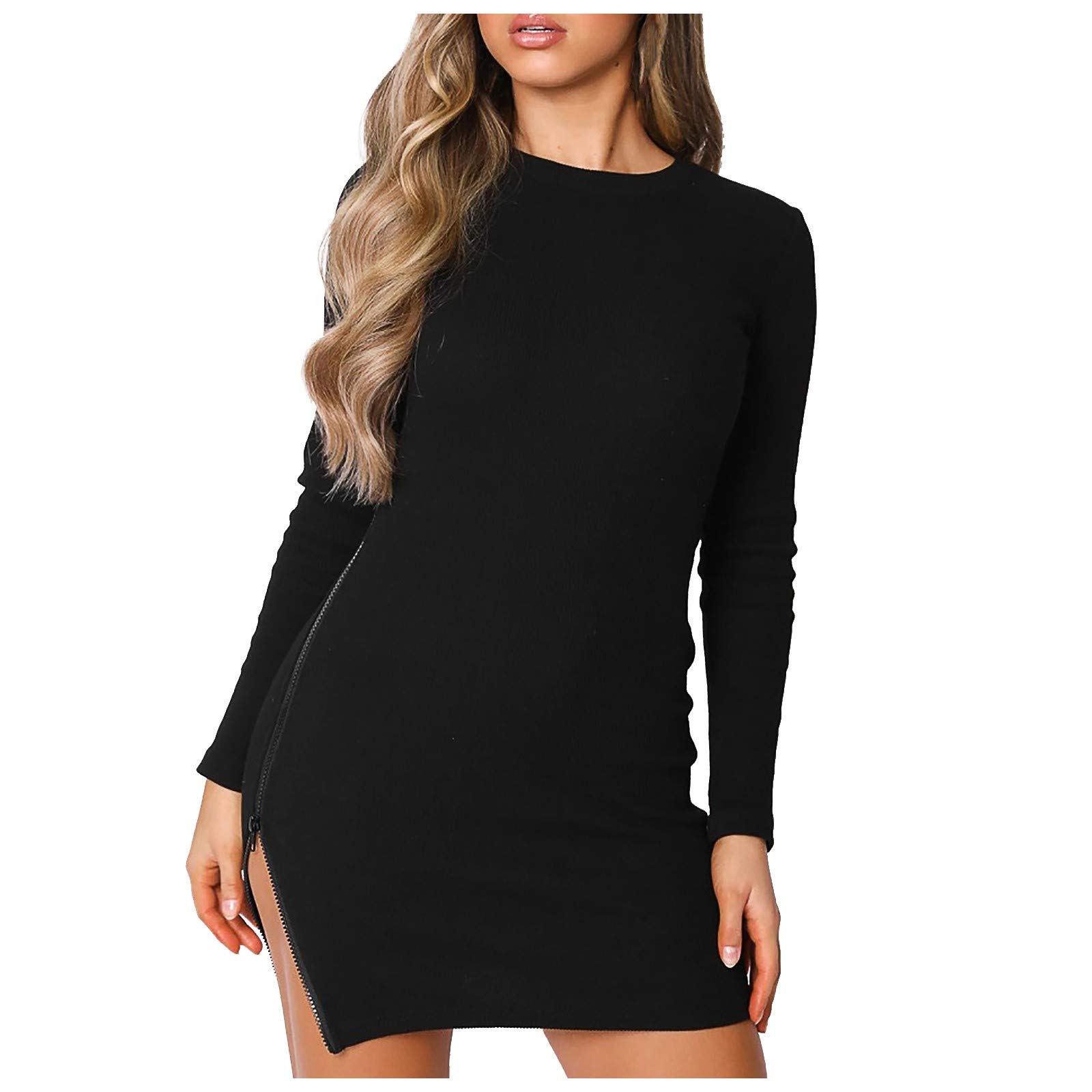 Littleice Women's Casual Long Sleeve Split Bottom Blouse Dress - Slim Fit O-Neck Solid Color Tunic for Work, Date Night & Spring Outfits