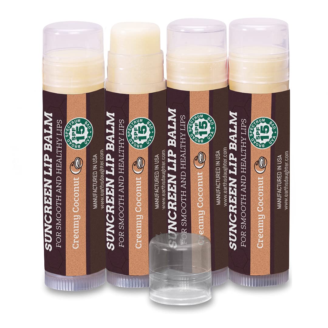 Earth's Daughter SPF 15 Coconut Lip Balm 4-Pack - Organic Beeswax & Coconut Oil Lip Sunscreen with Vitamin E - Hypoallergenic, Paraben Free, Gluten Free - Perfect for Outdoor Activities, Hiking, and Beach Protection