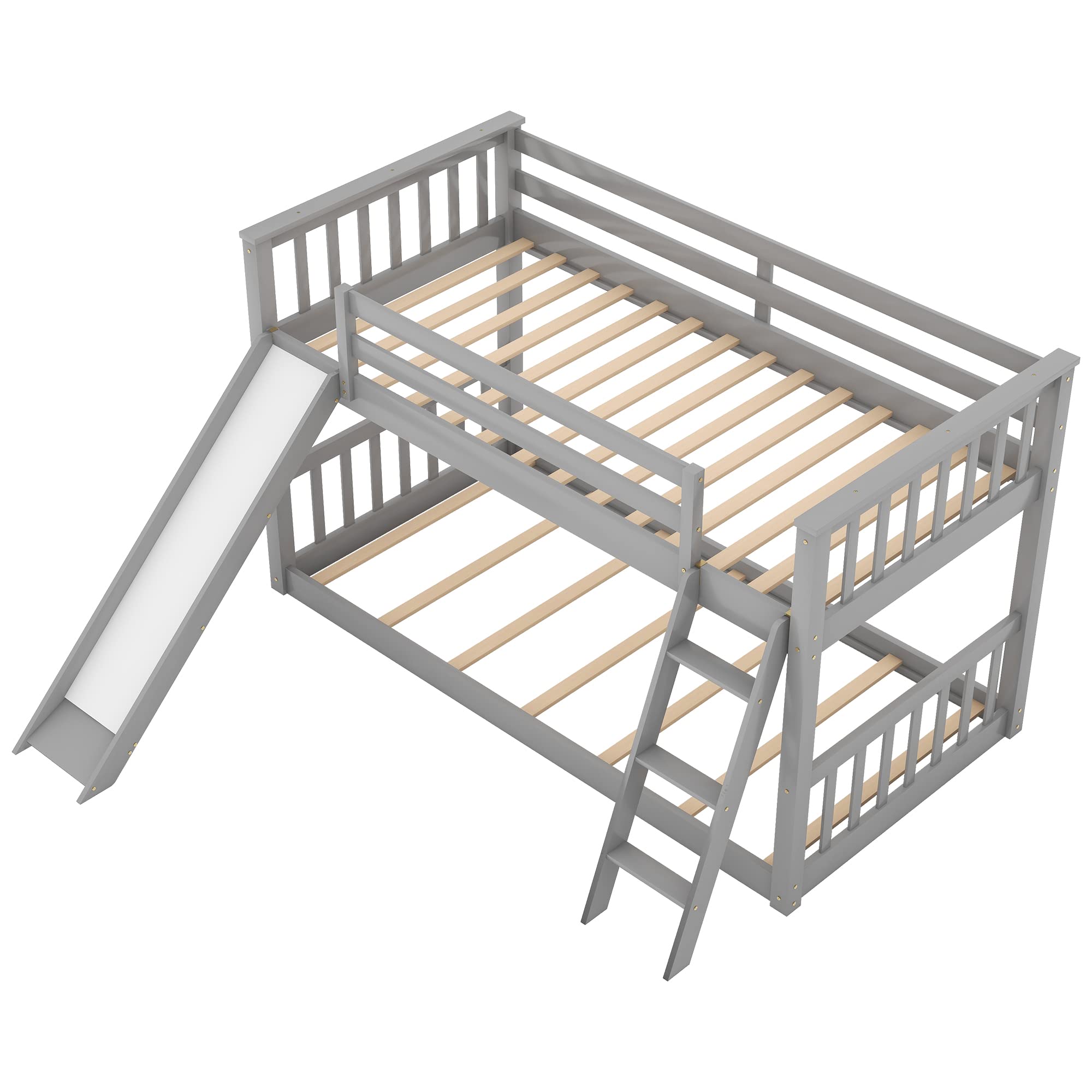 Harper & Bright Designs Twin Over Twin Bunk Bed with Slide & Angled Ladder - Sturdy Wooden Kids Bunk Beds for Boys and Girls, Space-Saving Floor Bunk Bed in Grey - Perfect for Small Bedrooms, Shared Kids Rooms & Sleepovers