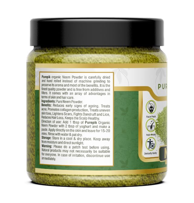 Pure Pik Organic Neem Powder 200g - Natural Neem Leaf Powder for Skin Care, Hair Growth & Face Mask | USDA Certified, Vegan, Chemical-Free | Perfect for DIY Beauty Treatments & Ayurvedic Remedies