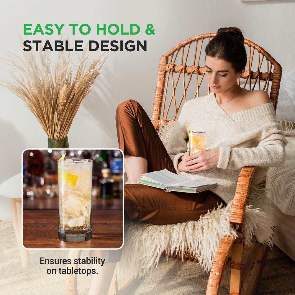 Premium Clear Highball Drinking Glasses - 16oz Tall Bar Glasses for Cocktails, Iced Tea & Smoothies - Perfect for Home Bars, Parties & Restaurants