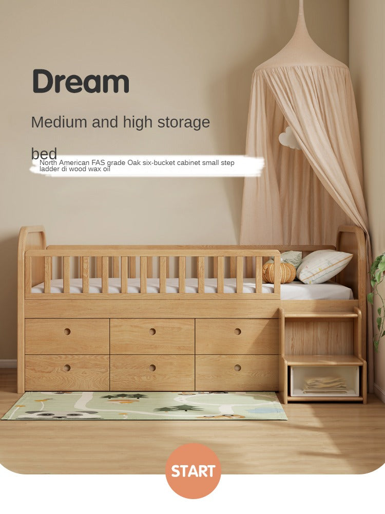 Solid Oak Wood Multi-Function Storage Bed with Wide Underbed Drawers - Perfect for Bedroom Organization & Small Space Living