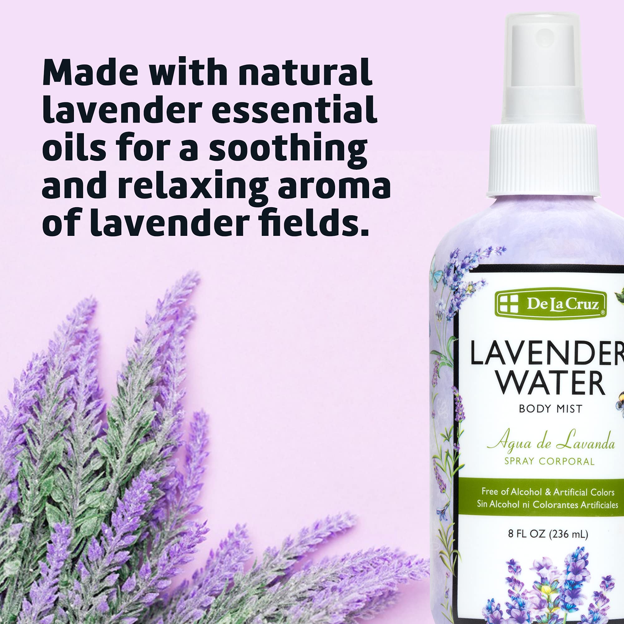 De La Cruz Lavender Water Body Mist - 8 fl oz (236 mL) Pure Lavender Essential Oil Spray for Relaxation & Aromatherapy | Perfect for Stress Relief, Yoga, Meditation & Home Spa Use