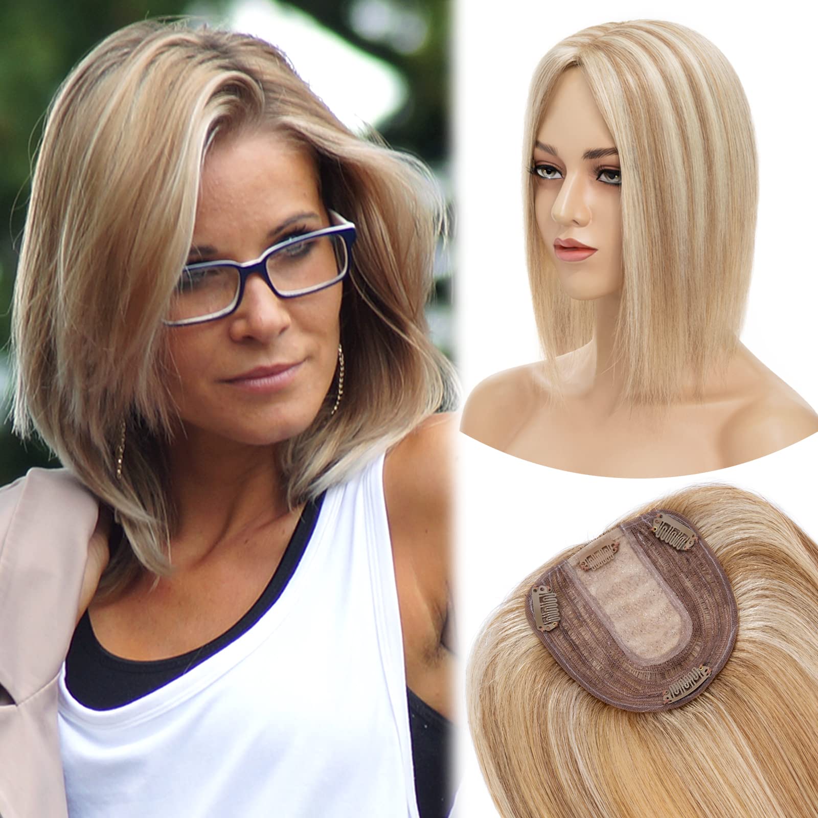 MY-LADY Human Hair Toppers for Women - 14 Inch Remy Hair Pieces with Silk Base, 130% Density, No Bangs (10x12cm) - Straight Clip-in Hair Extensions for Thinning Hair in #12/613 Golden Brown & Bleach Blonde - Perfect for Daily Wear, Parties & Special Occasions