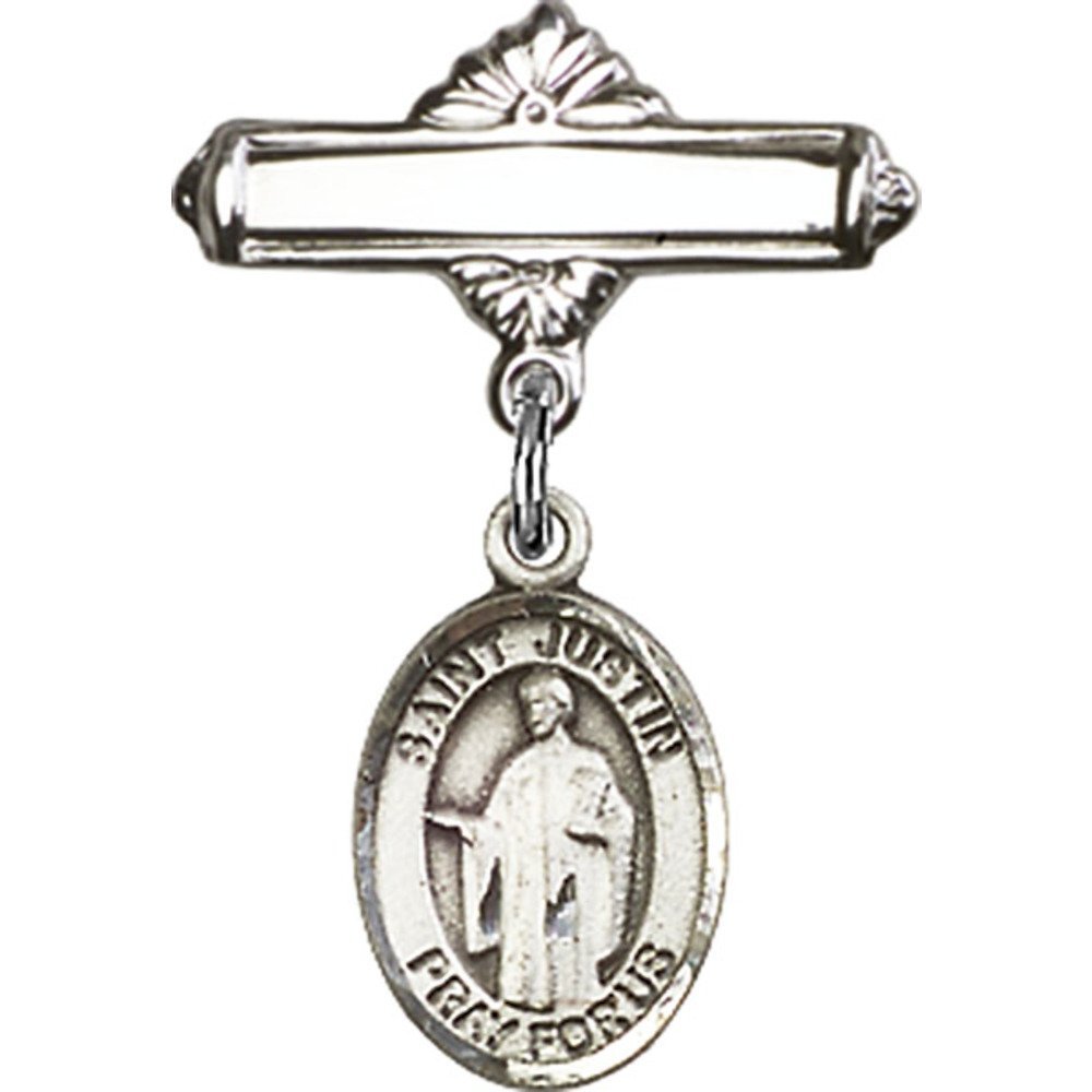 1 X 5/8 Inch Sterling Silver Baby Badge with St. Justin Charm & Polished Pin - Perfect for Christening Gifts, Baby Blessings & First Communion Jewelry