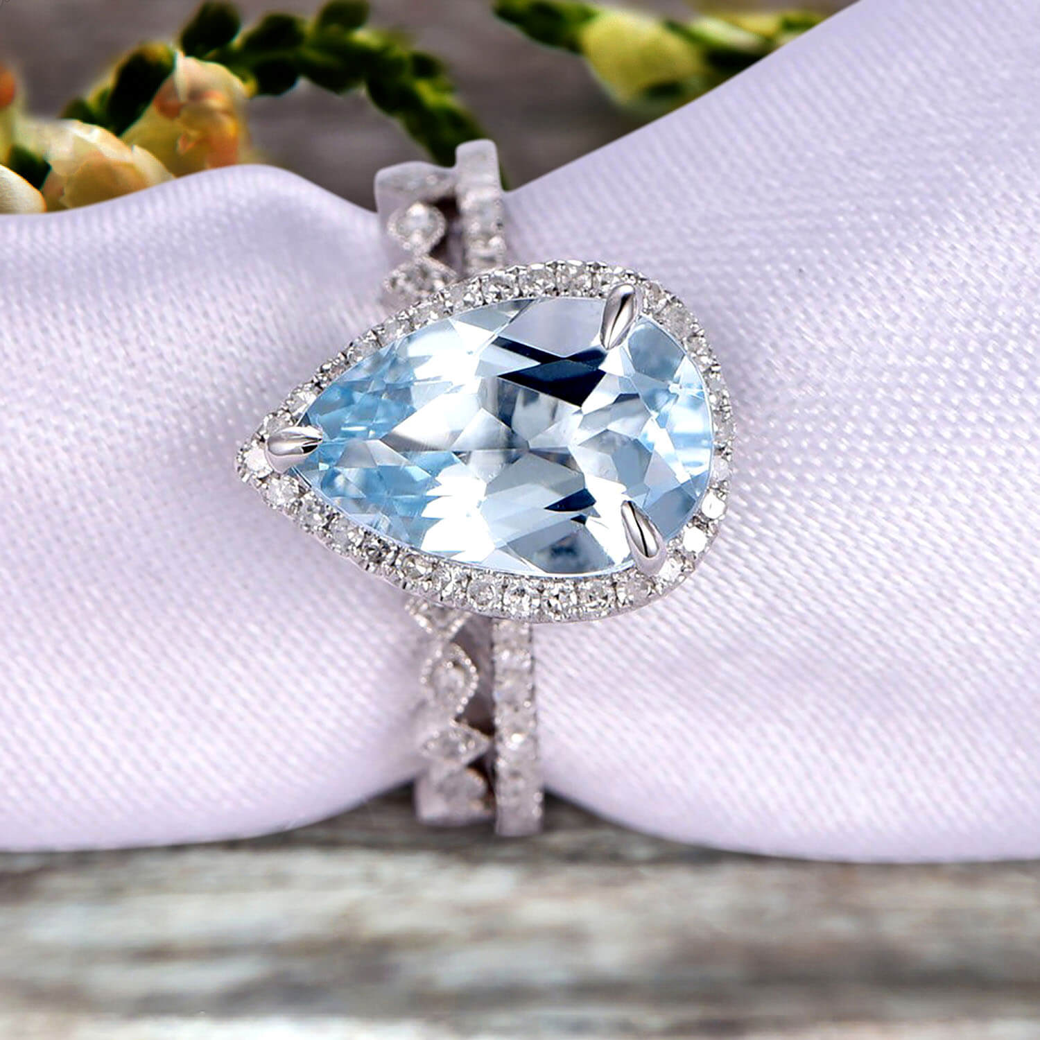 2Pcs Pear Shape 1.75 Carat Aquamarine Wedding Ring Set - 10k White Gold Halo Engagement Rings for Women - Perfect for Proposals, Anniversaries & Bridal Jewelry
