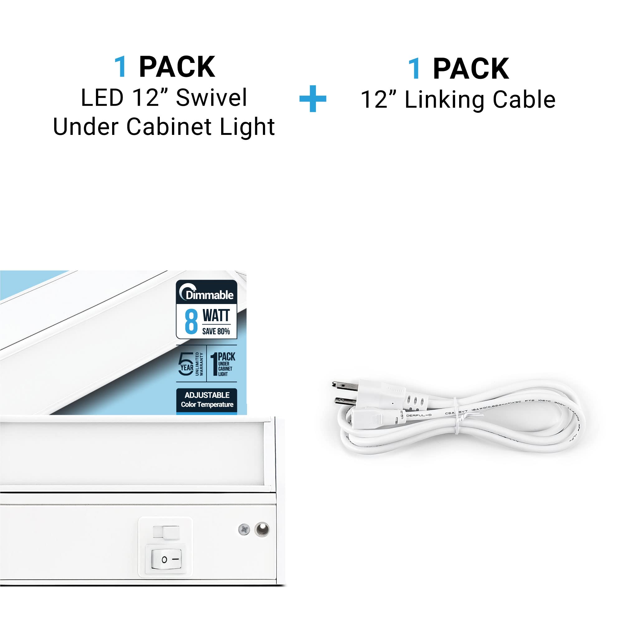 Parmida LED Swivel Under Cabinet Lighting - 12 Inch Hardwired or Plug-in, 3 Color Temperature, 1 Pack with 2x12 Linking Cable for Kitchen, Bathroom, and Workspace Lighting