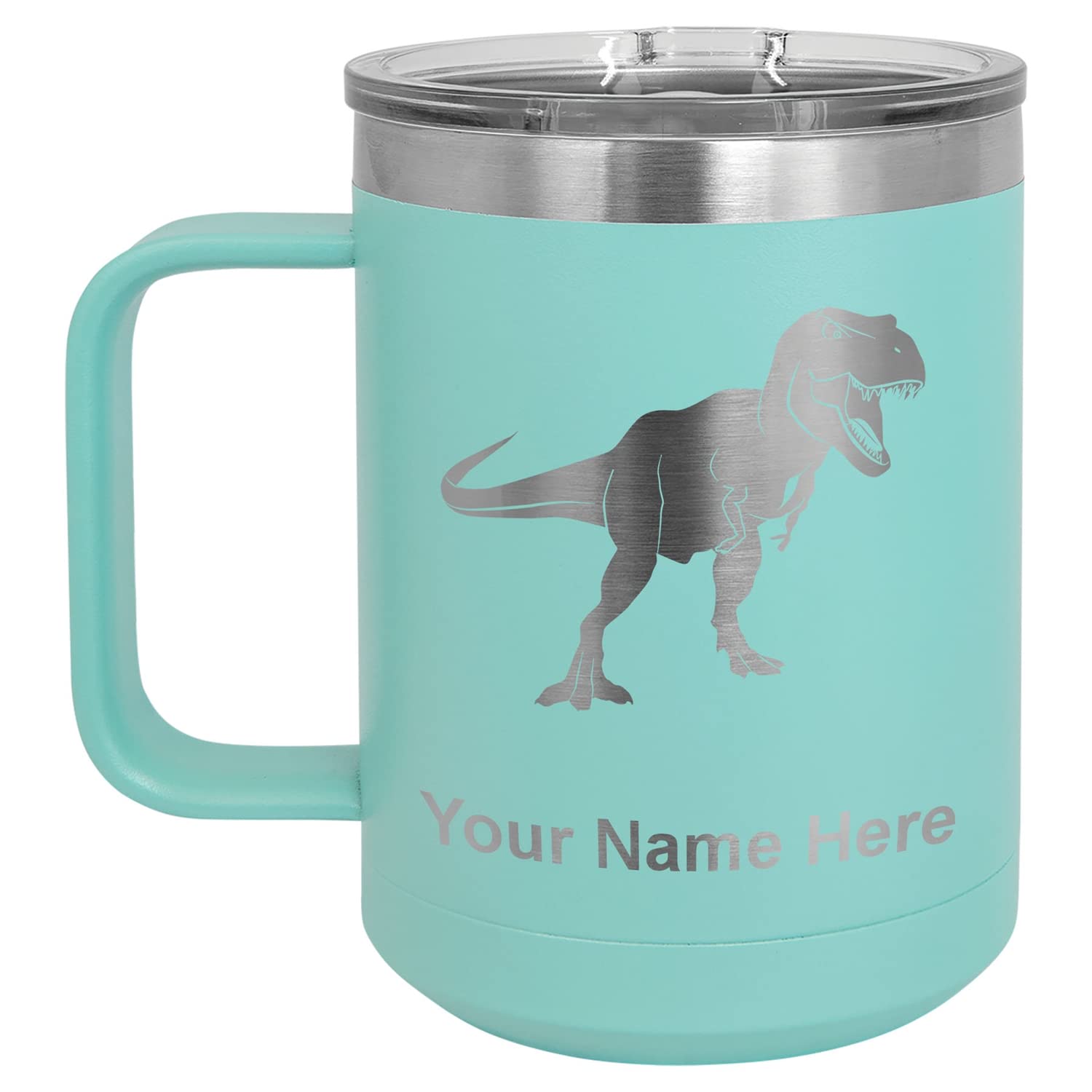 LaserGram 15oz Vacuum Insulated Stainless Steel Coffee Mug with Lid - Custom Engraved Tyrannosaurus Rex Dinosaur Design, Leakproof Travel Tumbler for Hot & Cold Drinks - Perfect Gift for Office, Camping, Hiking (Teal)
