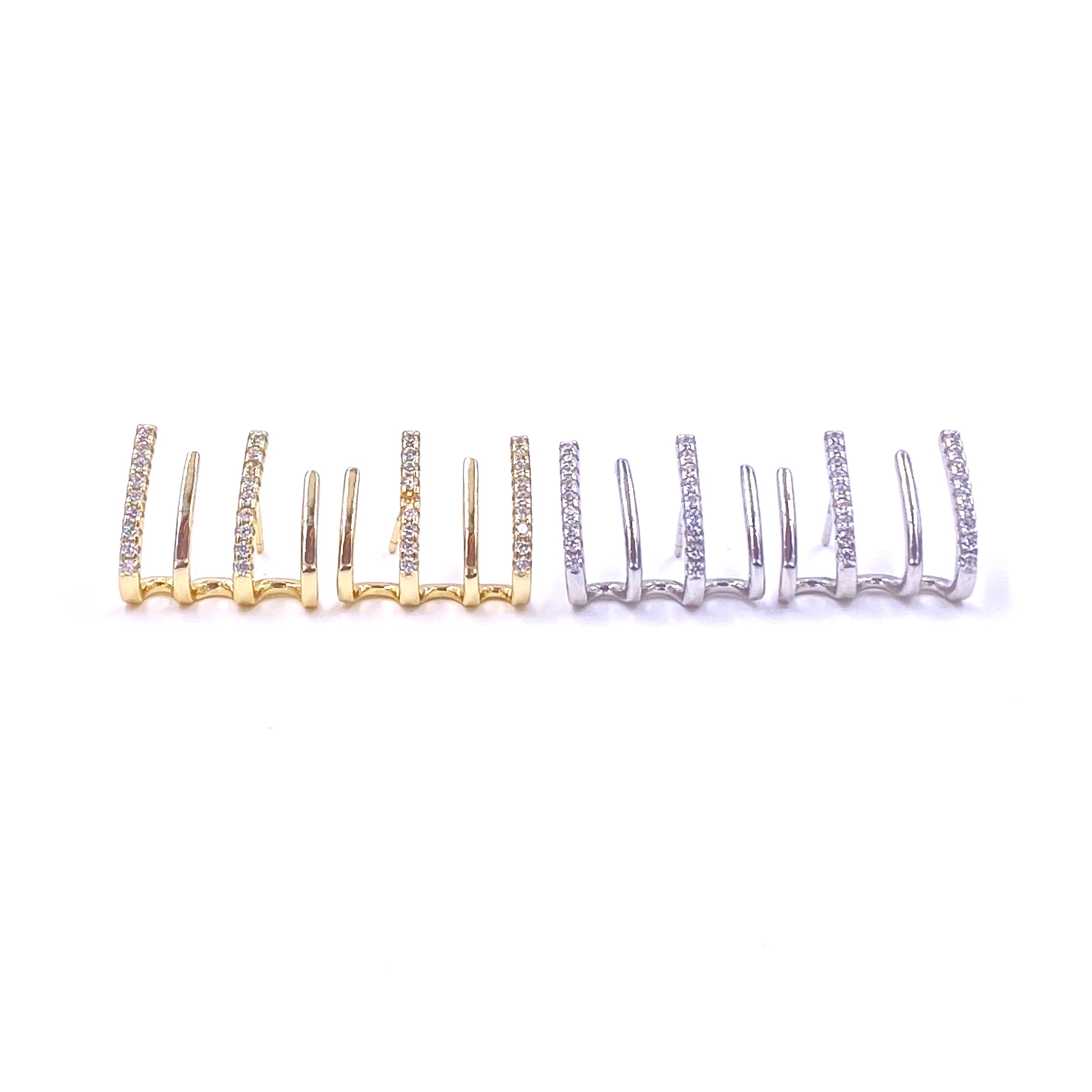 Sterling Silver Gold Plated 4 Bar CZ Stud Earrings for Women - Elegant Cubic Zirconia Jewelry for Everyday Wear, Parties & Gifts