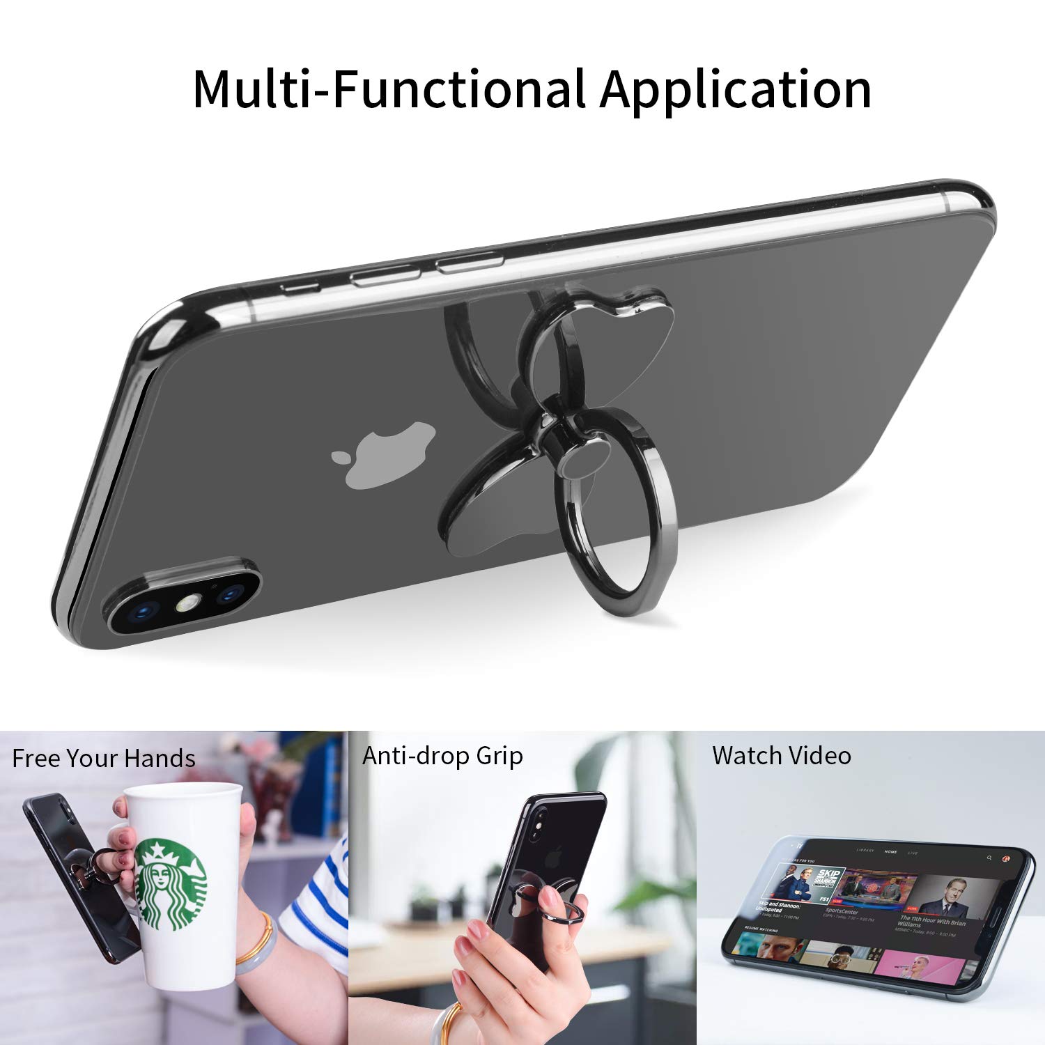 PZOZ Metal Cell Phone Finger Ring Holder - 360° Rotatable Collapsible Grip Stand, Kickstand & Car Mount Hook for iPhone & Samsung Galaxy, Black - Perfect for Travel, Work & Everyday Use