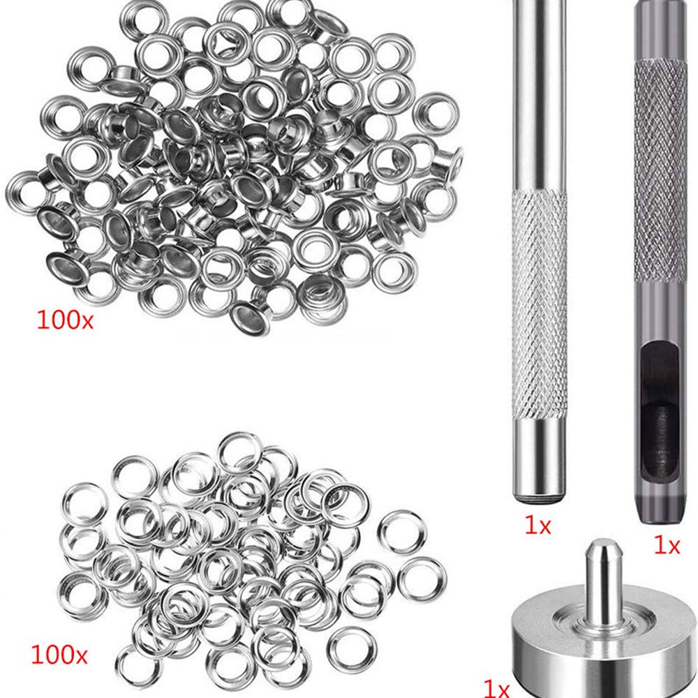 Qtopun 100 Sets 1/4 Inch Grommet Eyelet Kit with 3-Piece Installation Tool & Storage Box - Perfect for DIY Crafts, Leatherworking, Fabric Projects and Home Repairs