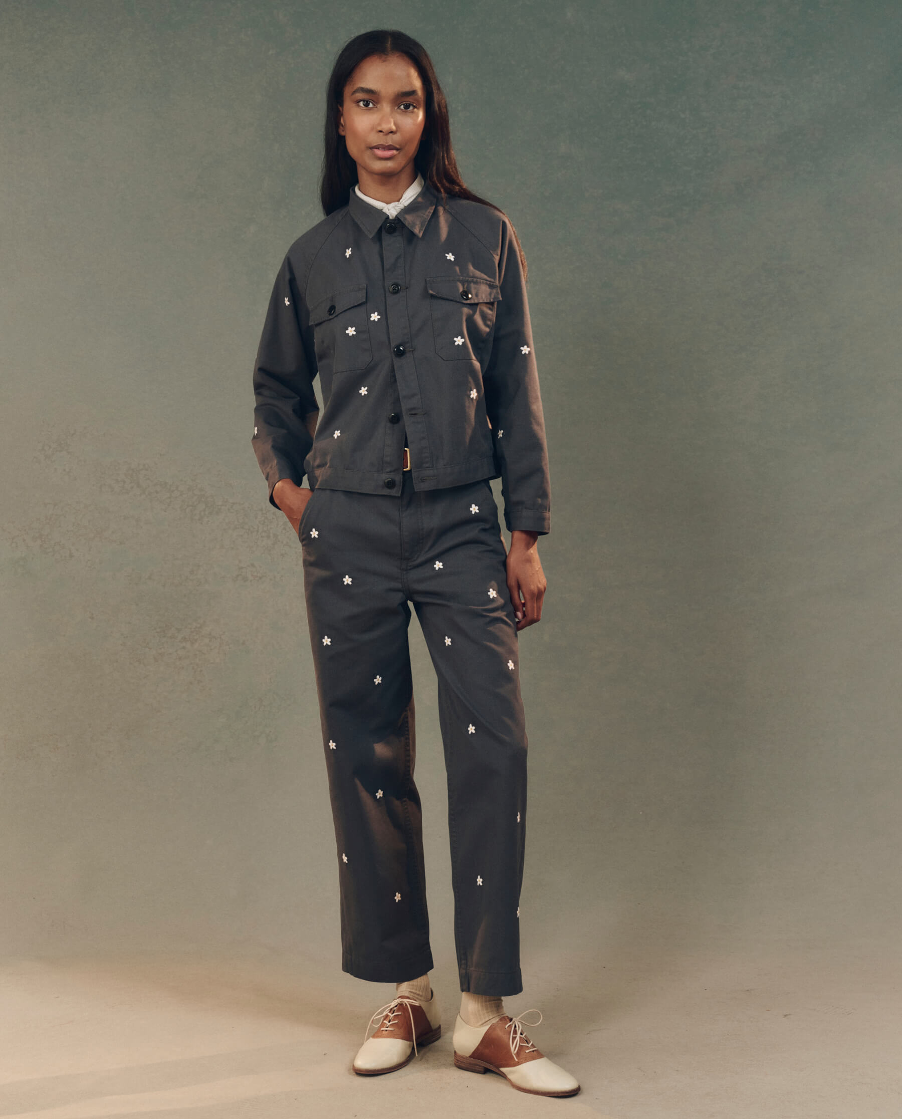 Blue Slate Daisy Embroidered Garage Jacket - Stylish Women's Denim Jacket for Casual Outings, Streetwear & Outdoor Adventures