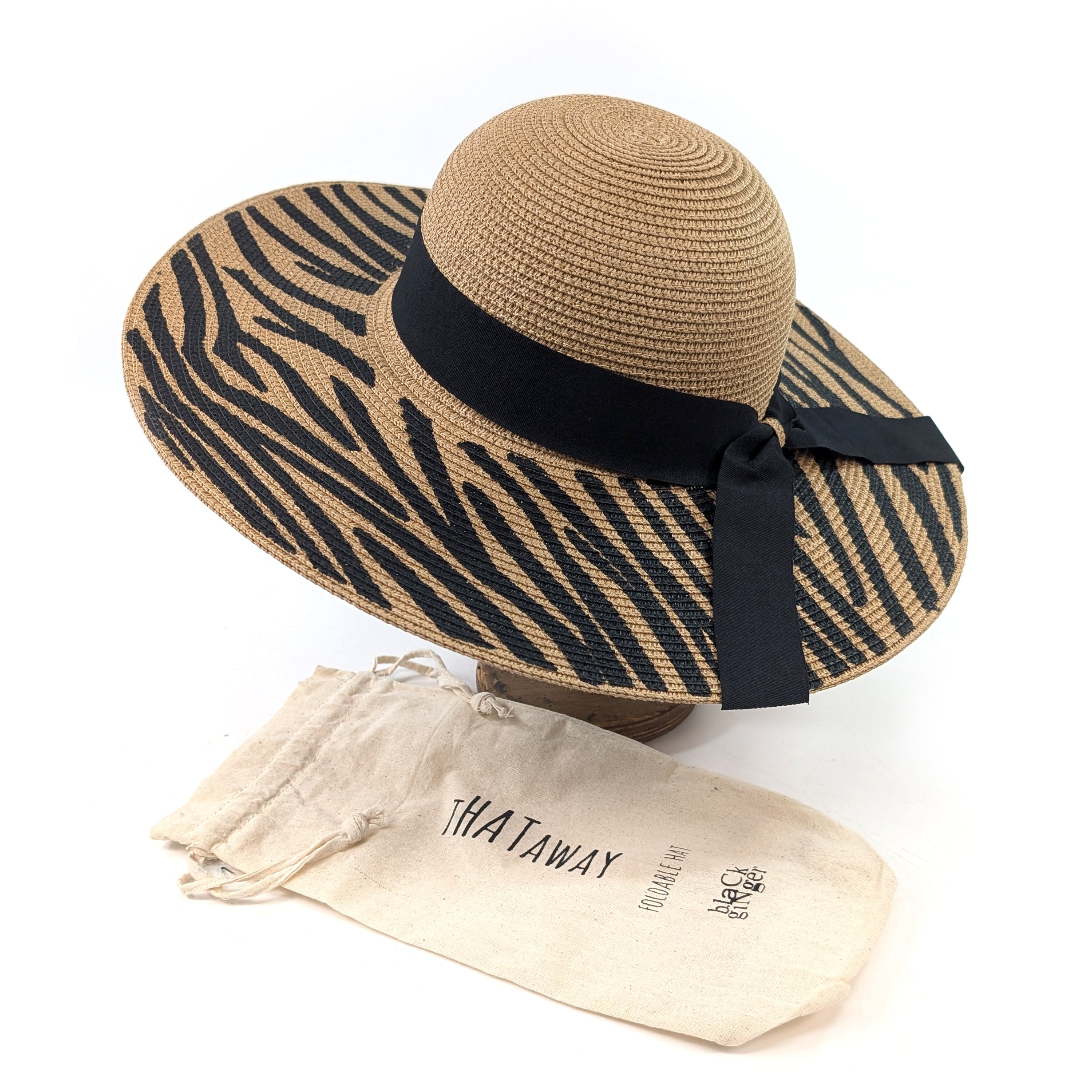 Stylish Zebra Print Wide Brim Foldable Sun Hat (57cm) - Dark Natural/Black for Women | Perfect for Beach, Vacation & Outdoor Activities