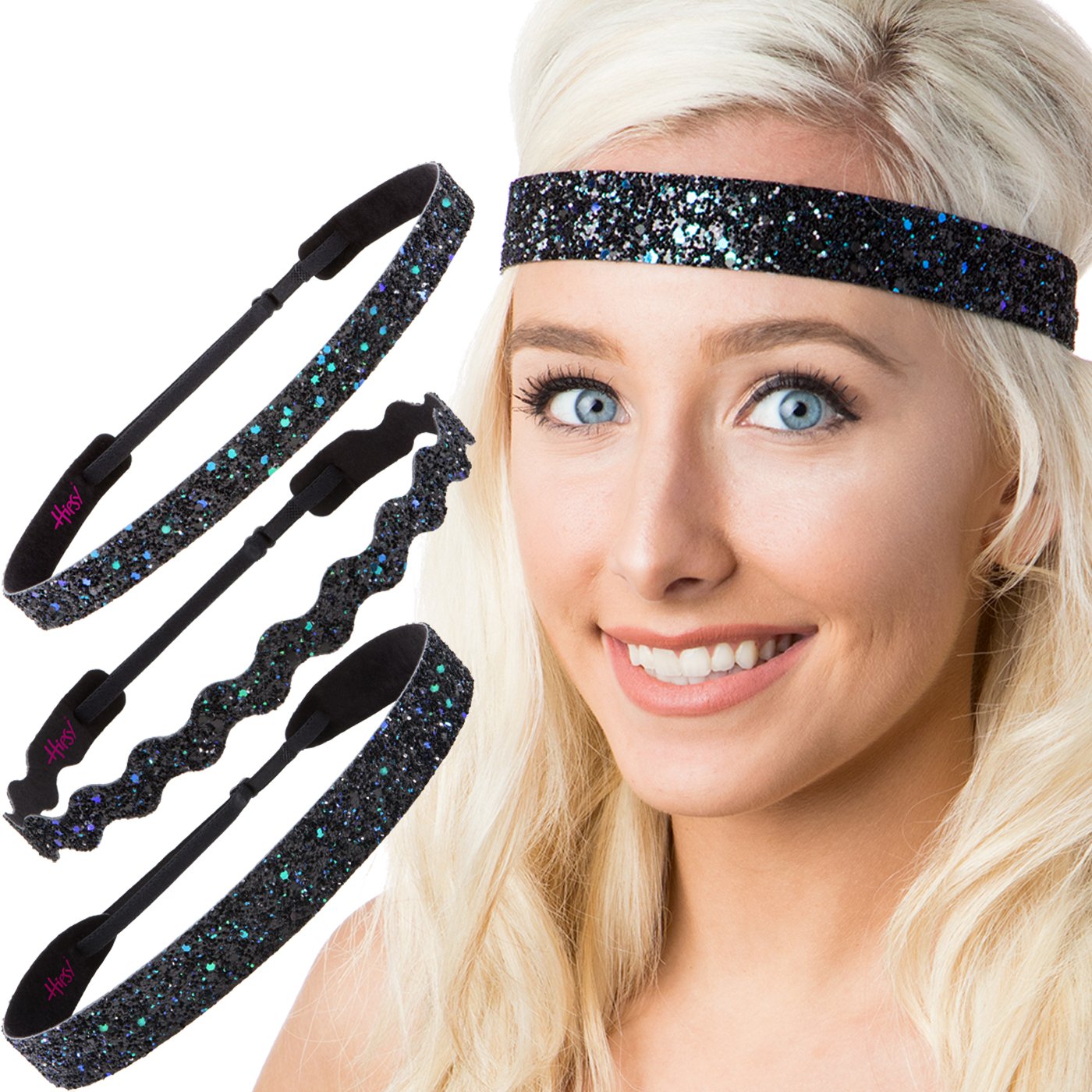 Sparkly Bling Headbands for Women, Girls & Teens - Adjustable No Slip 3-Pack in Petite Size (Peacock Glitter Mix) | Perfect for School, Sports, Parties & Everyday Fashion