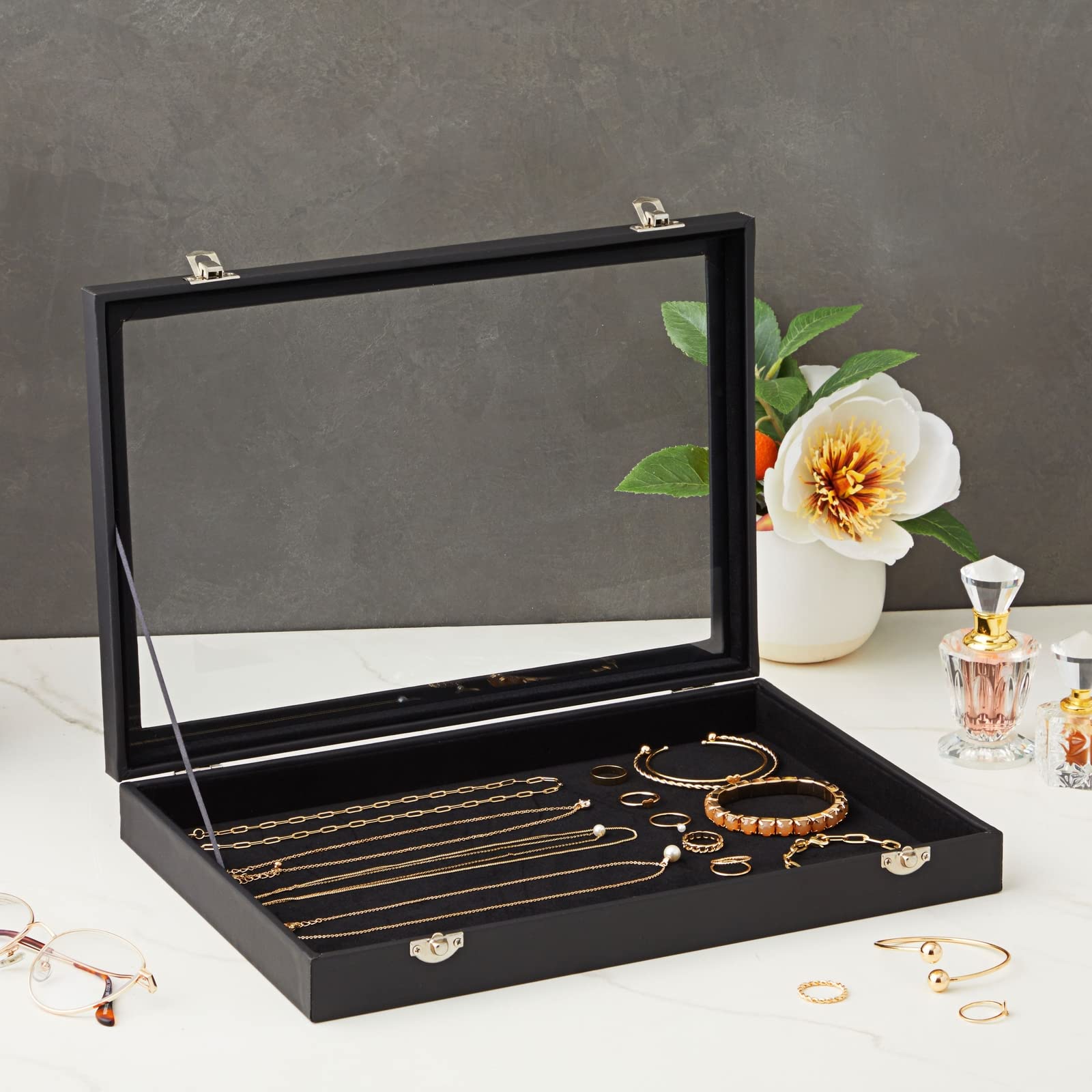 Juvale Small Velvet Jewelry Display Case - Elegant Travel Organizer Tray for Rings, Bracelets & Necklaces | Perfect Jewelry Storage for Women & Girls | Retail Display & Home Organization (Black) - Ideal for Travel, Gift Giving & Boutique Displays