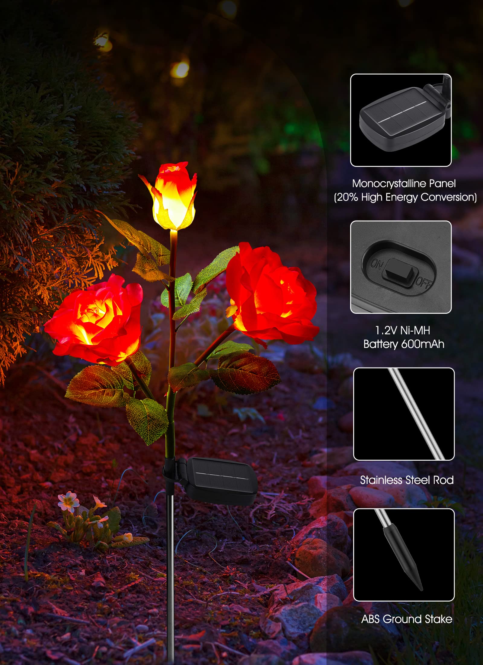 4 Pack LED Solar Flower Lights - Realistic Rose Design, Large Solar Panel, Waterproof Outdoor Garden Lights for Yard, Patio, Lawn, Pathway & Walkway Decoration - Perfect for Romantic Evenings & Landscape Lighting