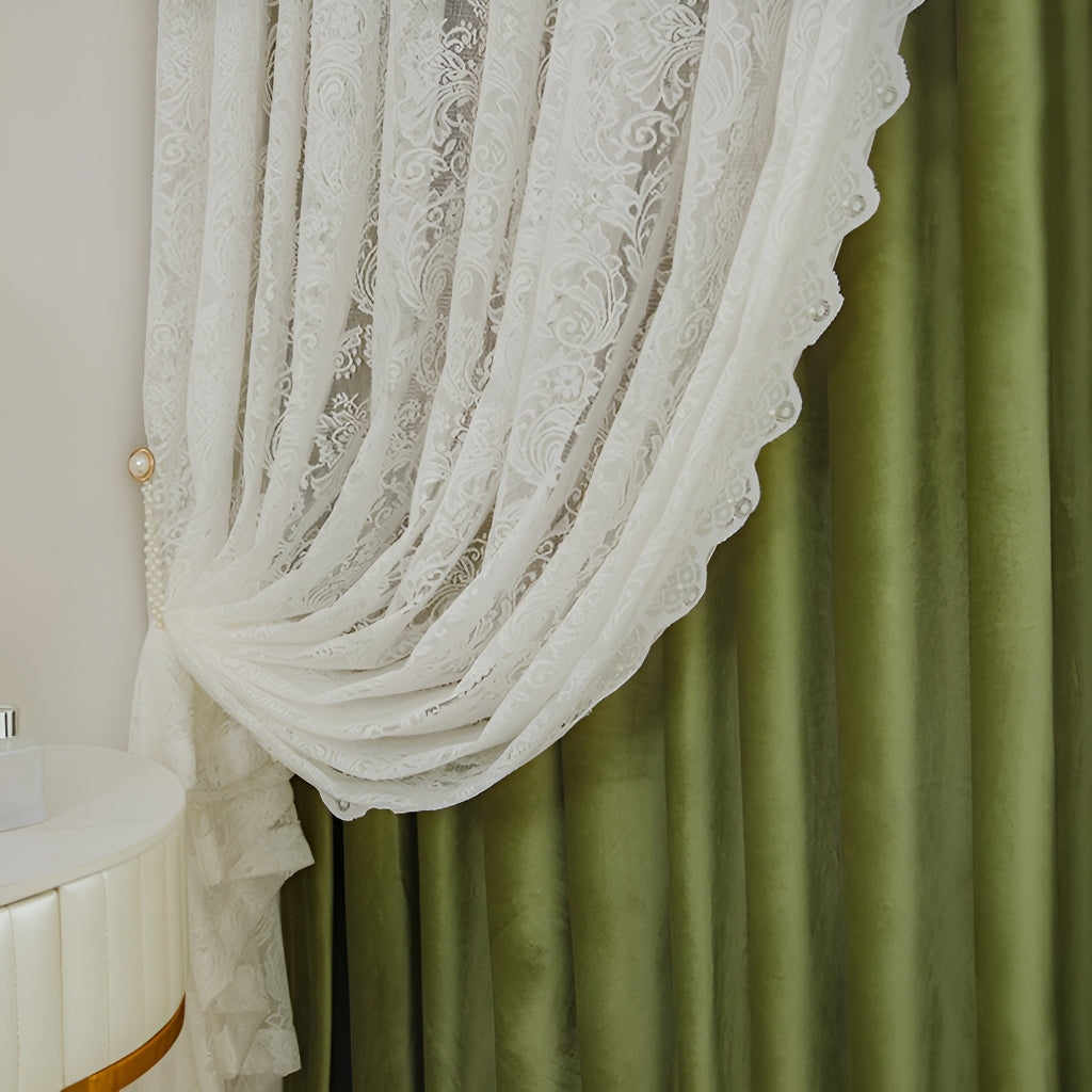 Jaelynn Two Layer Velvet Lace Blackout Curtains for Bedroom - Custom Room Darkening Window Drapes for Home Decor, Insulated Thermal Noise Reducing Curtain Panels