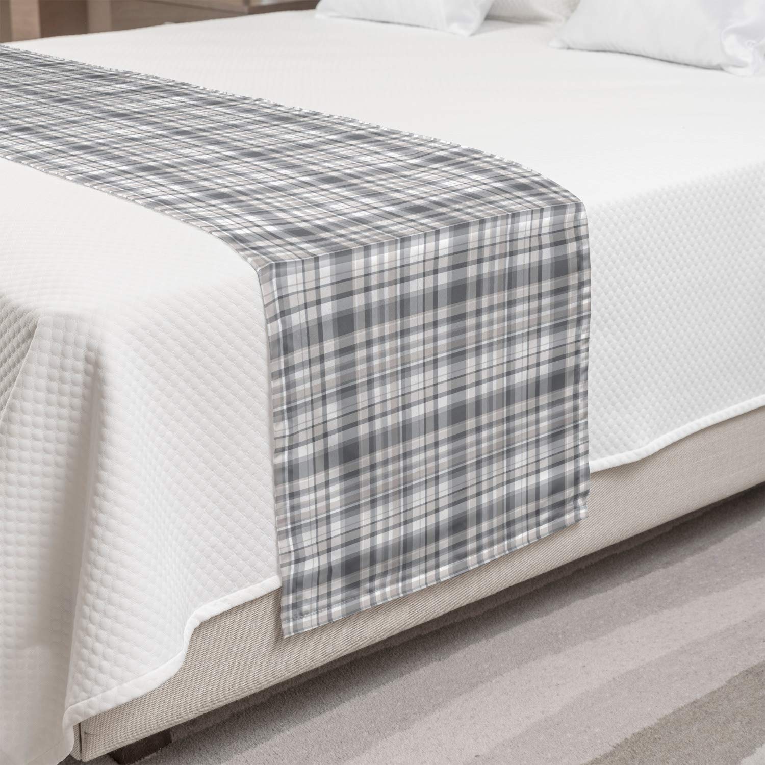Ambesonne Grey and White Bed Runner - Modern Striped Square Pattern Decorative Bed Scarf for Hotels, Homes & Guest Rooms | Perfect for Master Bedrooms, Airbnb Decor & Luxury Bedding Accents