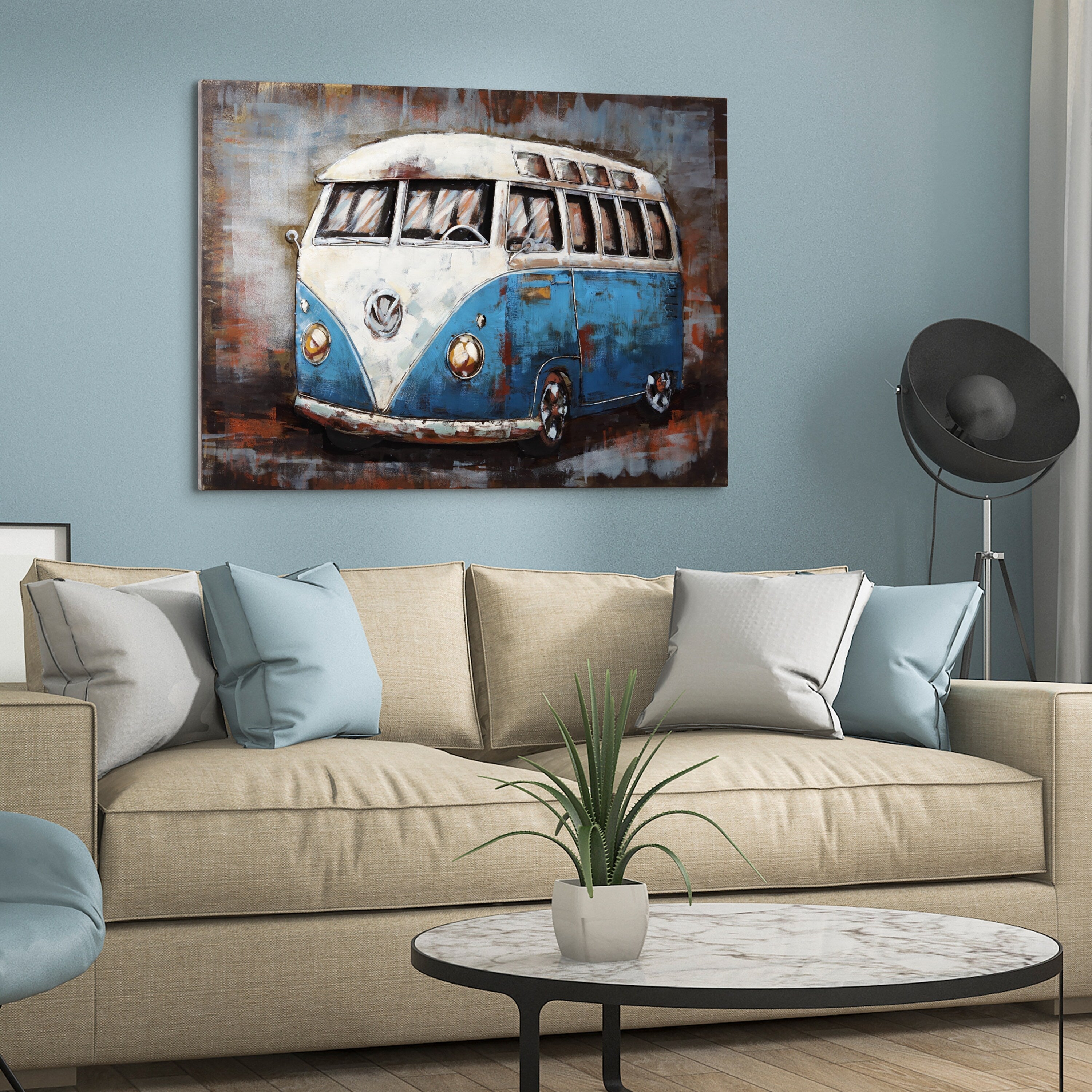 Hand-Painted Blue Bus Mixed Media Dimensional Wall Art - Unique Iron Wall Decor for Living Room, Bedroom & Office