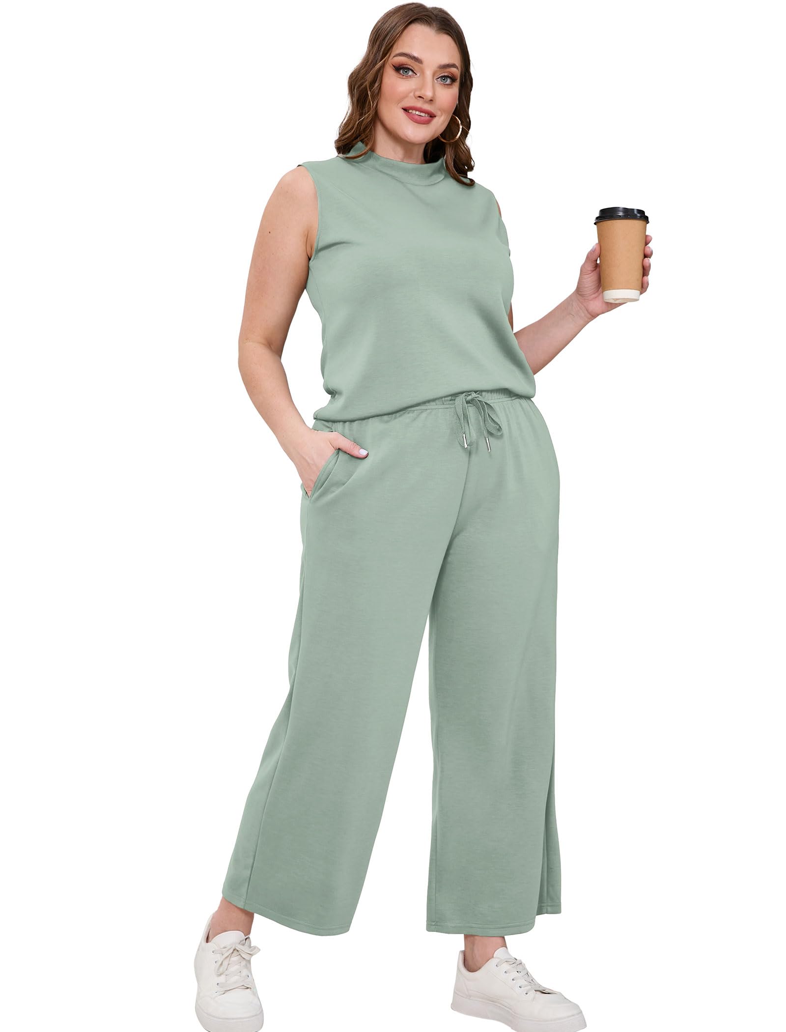 Women's Summer Two Piece Sets - Mock Neck Tops & Wide Leg Crop Pants Lounge Outfits | Casual Vacation Travel Clothes | Perfect for Beach Getaways, Weekend Brunch & Relaxing at Home