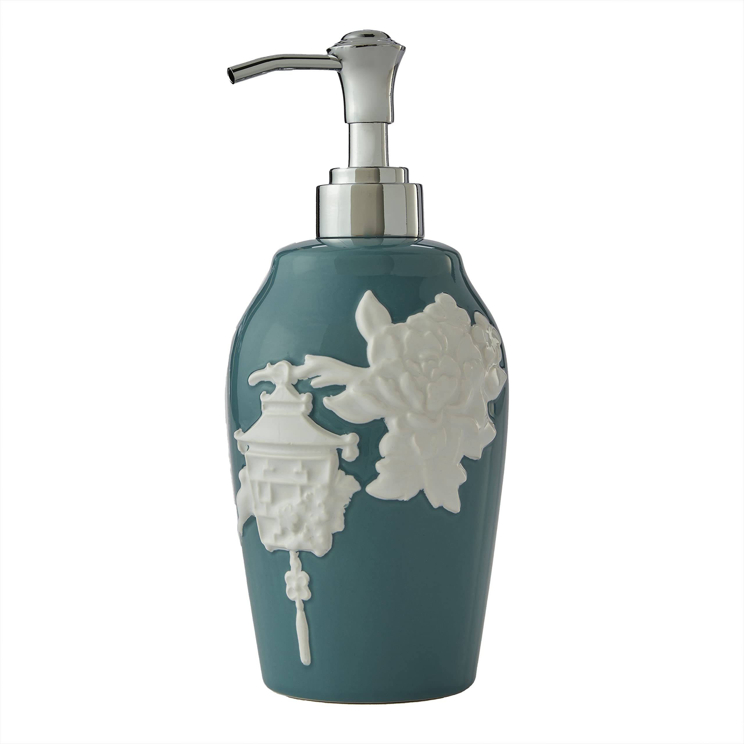 SKL Home Vern Yip Floral Lanterns Soap/Lotion Dispenser in Teal - Elegant Bathroom Decor for Farmhouse, Cottage & Coastal Style Homes