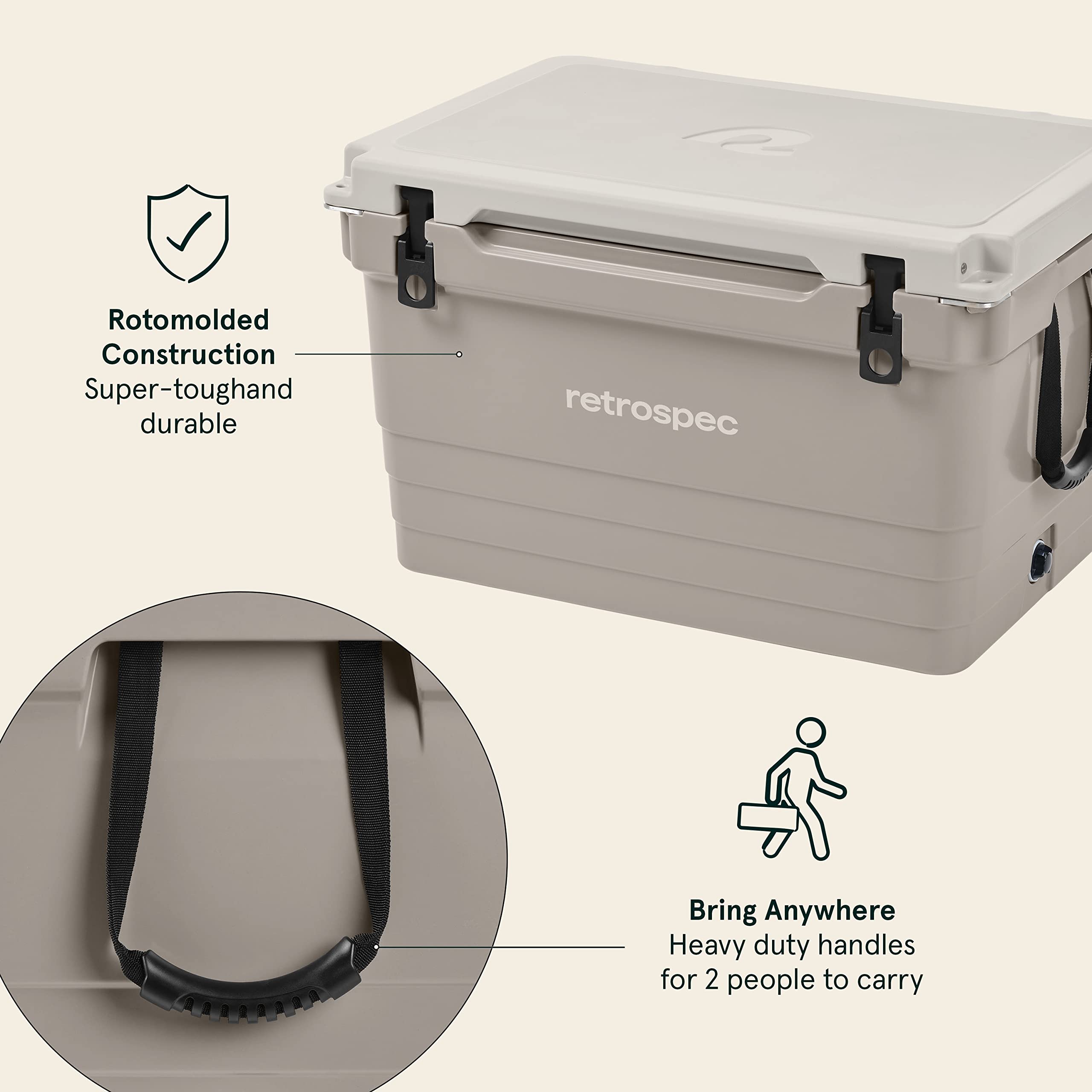 Retrospec Palisade 65 Qt Rotomolded Cooler - Heavy Duty Insulated Ice Chest with Built-in Bottle Opener, Tie-Down Slots & Dry Storage Basket - Perfect for Beach Trips, Camping, Tailgating & Outdoor Adventures - Dune Color