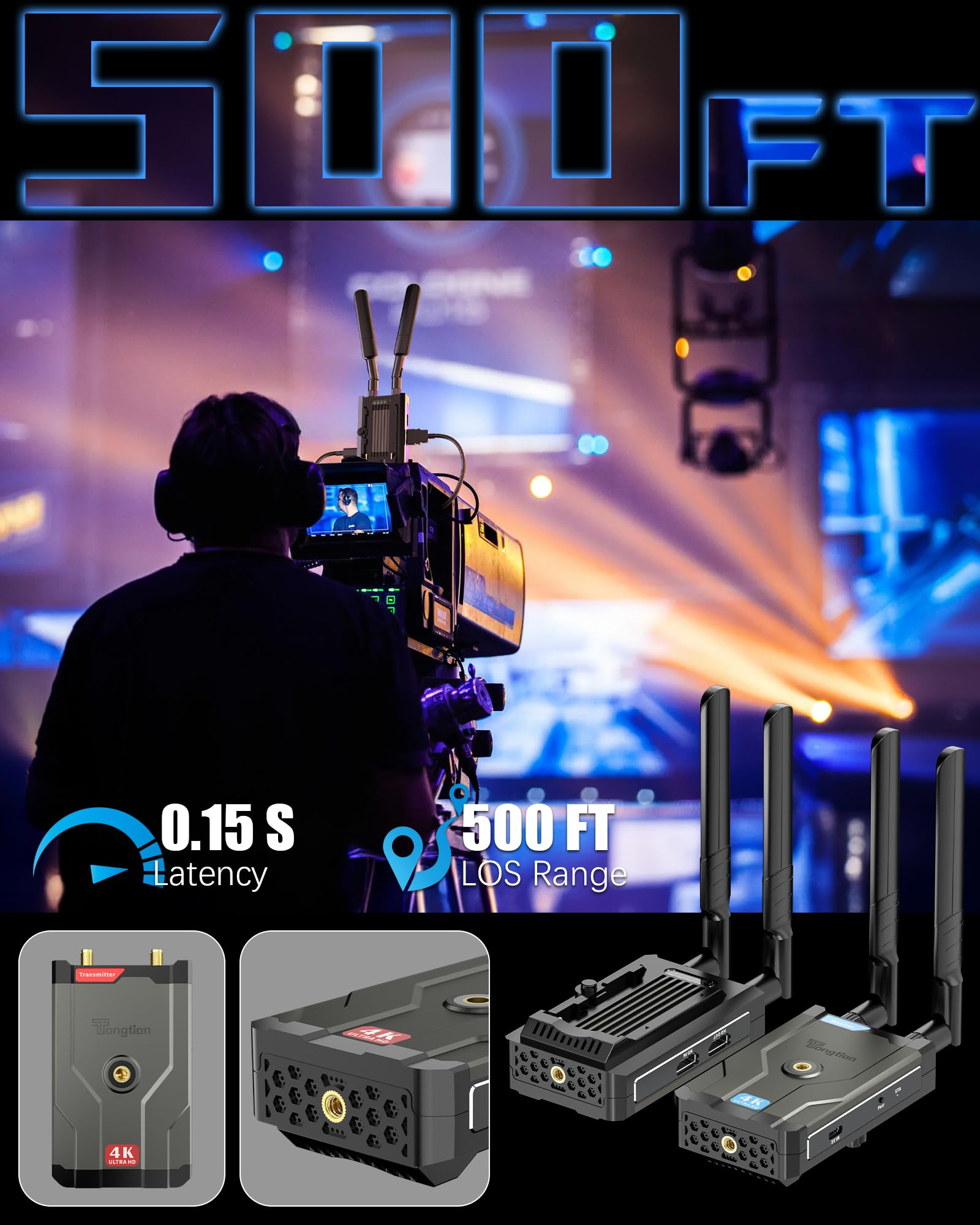 4K Wireless HDMI Transmitter and Receiver Kit - 500FT Range, 60ms Low Latency, Dual-Band 2.4/5GHz for HD Video Streaming | Compatible with Cameras, Laptops, Monitors, TVs, Projectors | Perfect for Home Theater, Gaming, Live Streaming and Netflix