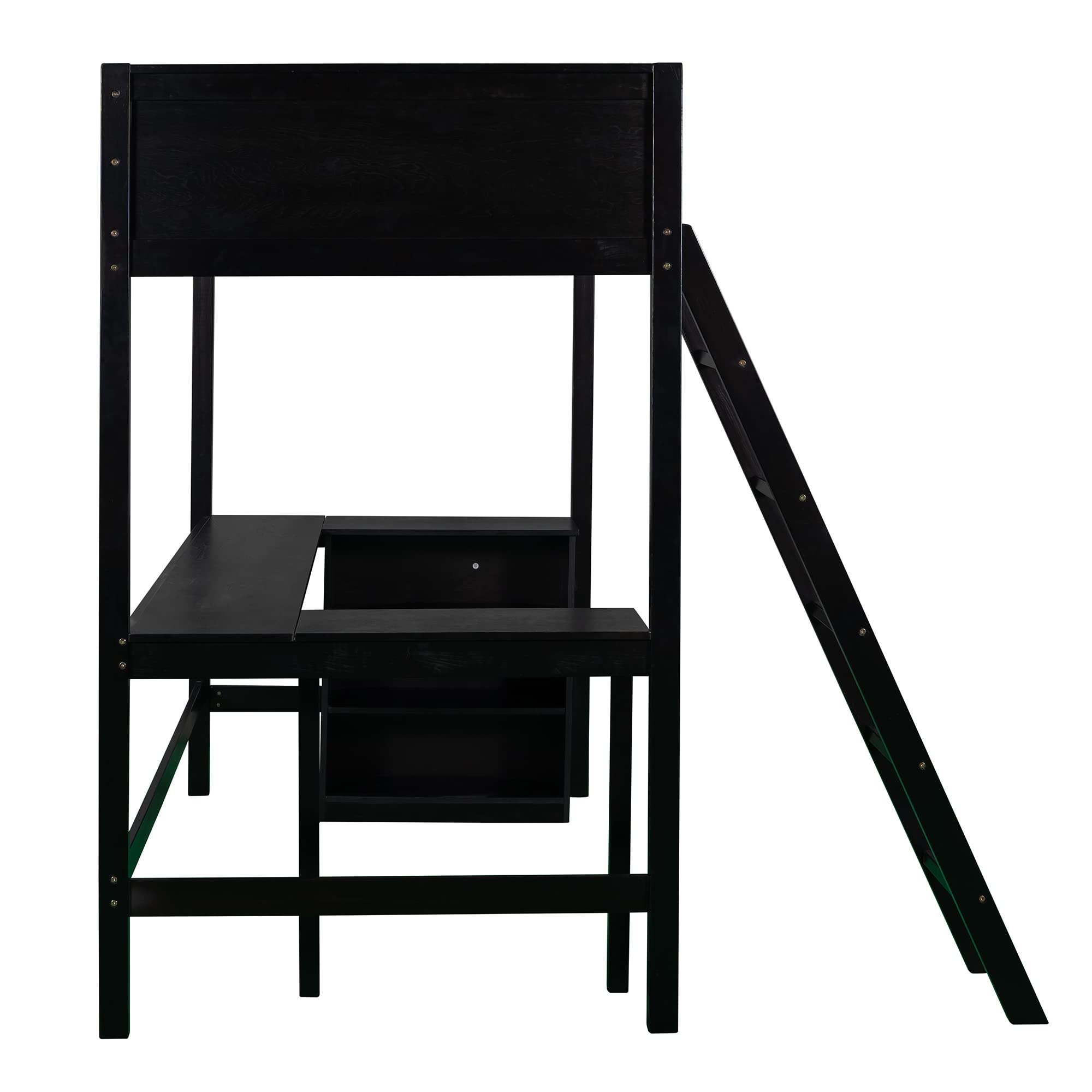 P PURLOVE Twin Size Wooden Loft Bed with Long Desk & Shelves - Space-Saving Kids & Teens Bed for Small Bedrooms, Dorms & Apartments - Perfect Study & Sleep Solution for Compact Living Spaces