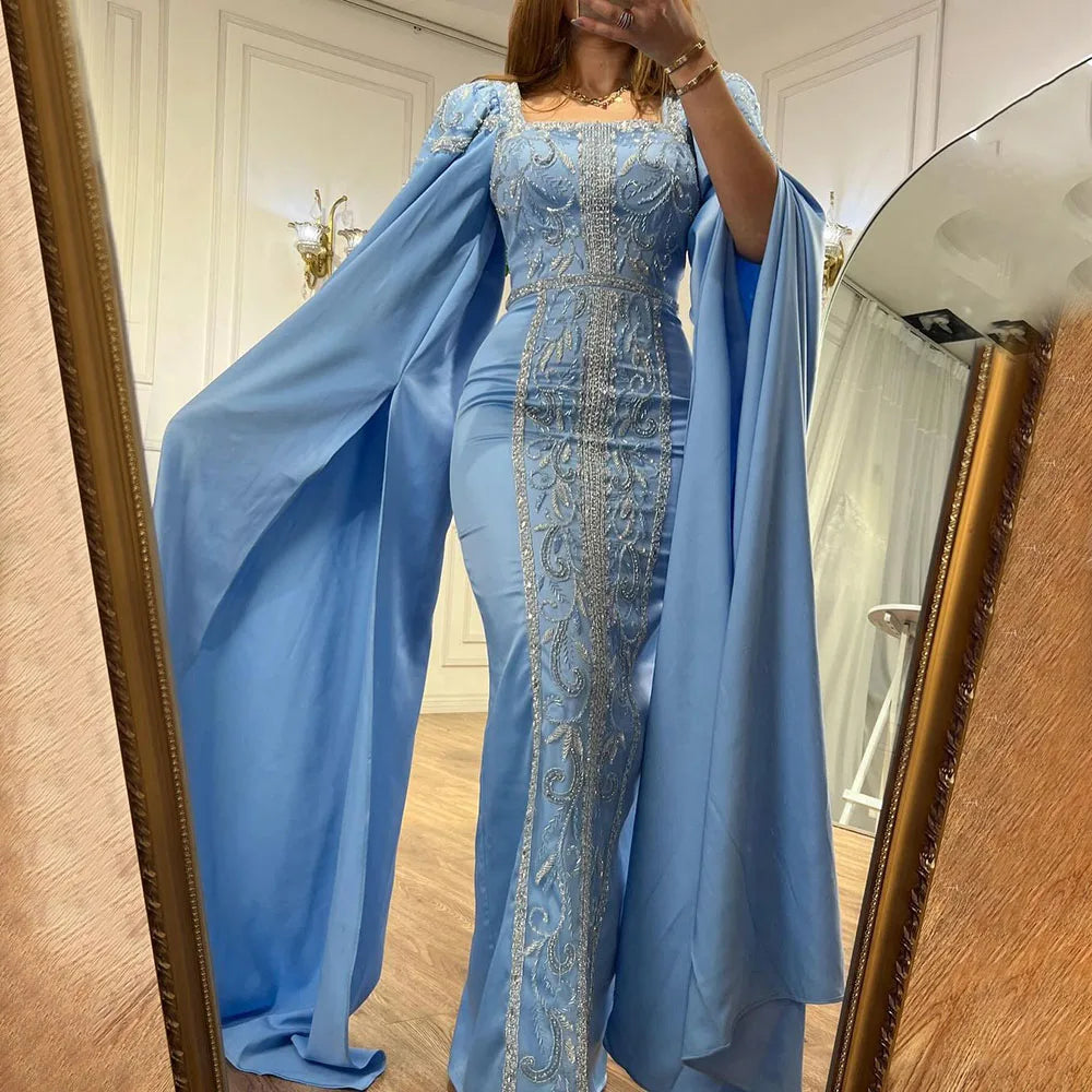 Elegant Blue Mermaid Evening Gown with Cape Sleeves for Muslim Women - LA72050 | Perfect for Weddings, Parties & Special Occasions