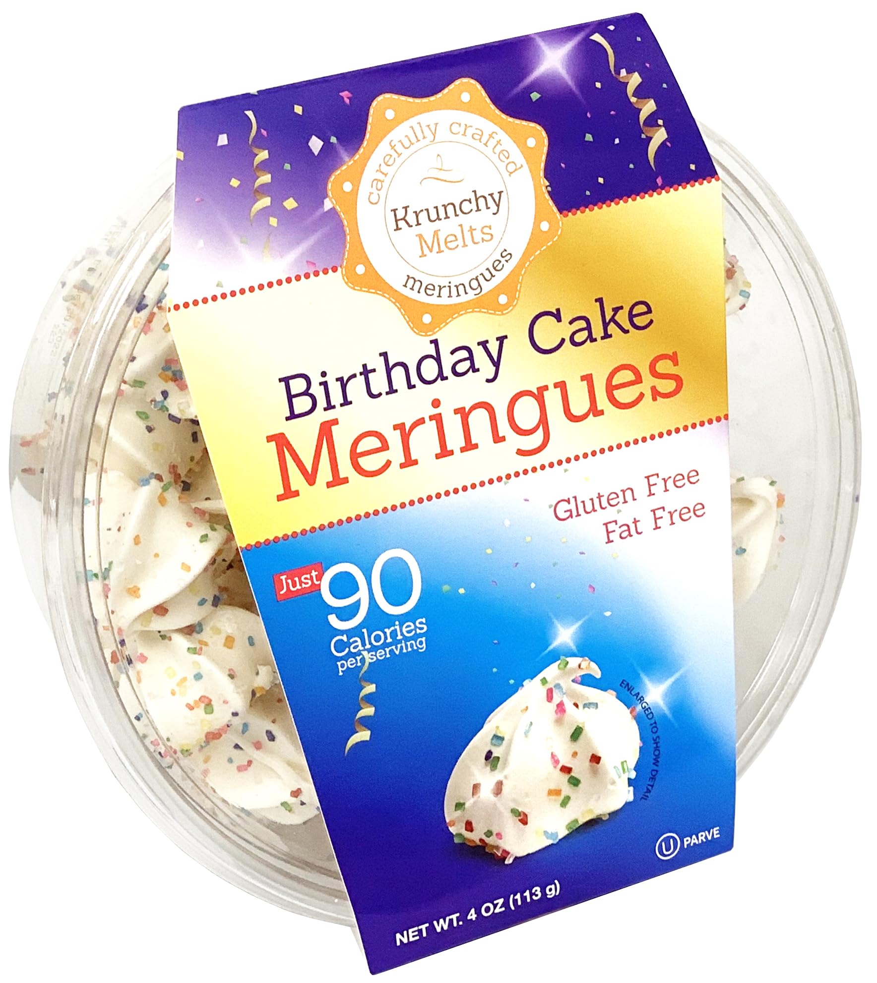 Krunchy Melts Original Meringue Cookies - Birthday Cake Flavor | Low Calorie (90 Cal/Serving), Fat Free, Gluten Free & Dairy Free Snacks (4 Oz) | Perfect for Parties, Gifts & Healthy Dessert Cravings