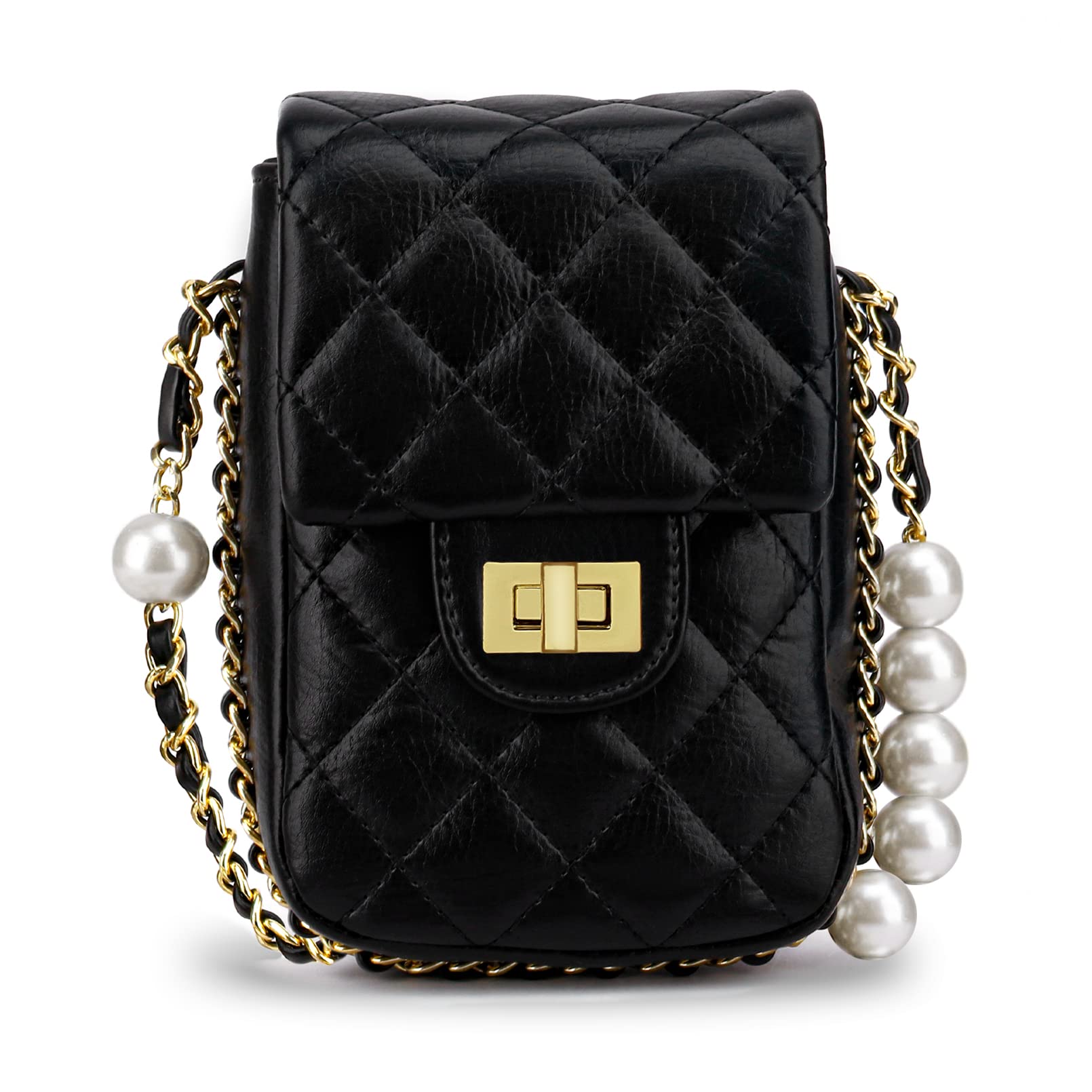 Stylish Leather Quilted Crossbody Phone Purse with Pearl Chain for Women & Girls - Perfect for Daily Use, Shopping & Travel