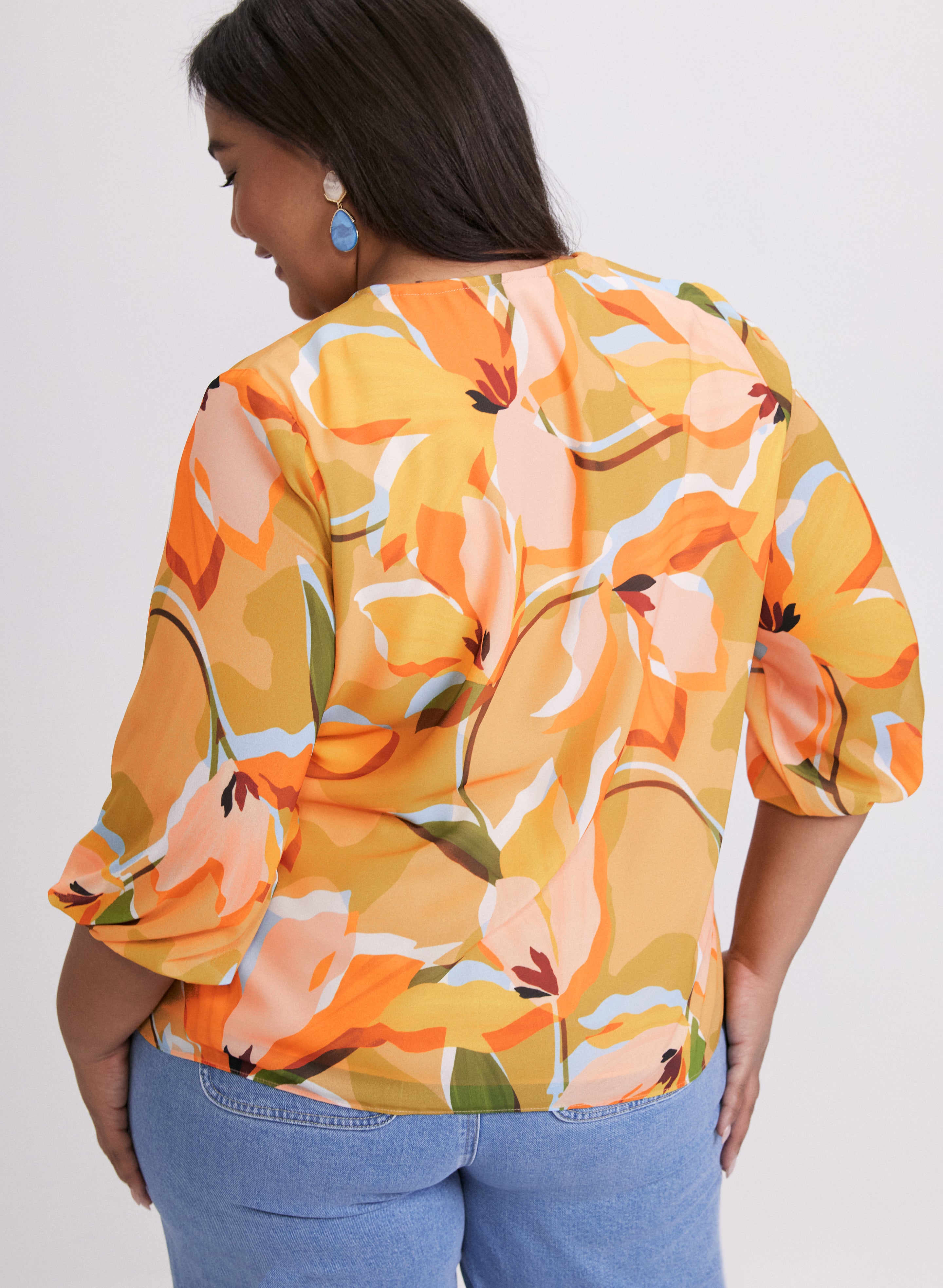 Floral Split Neck Blouse for Women - Elegant V-Neck Flowy Tops - Summer Casual & Office Wear - Perfect for Work, Date Night & Special Occasions
