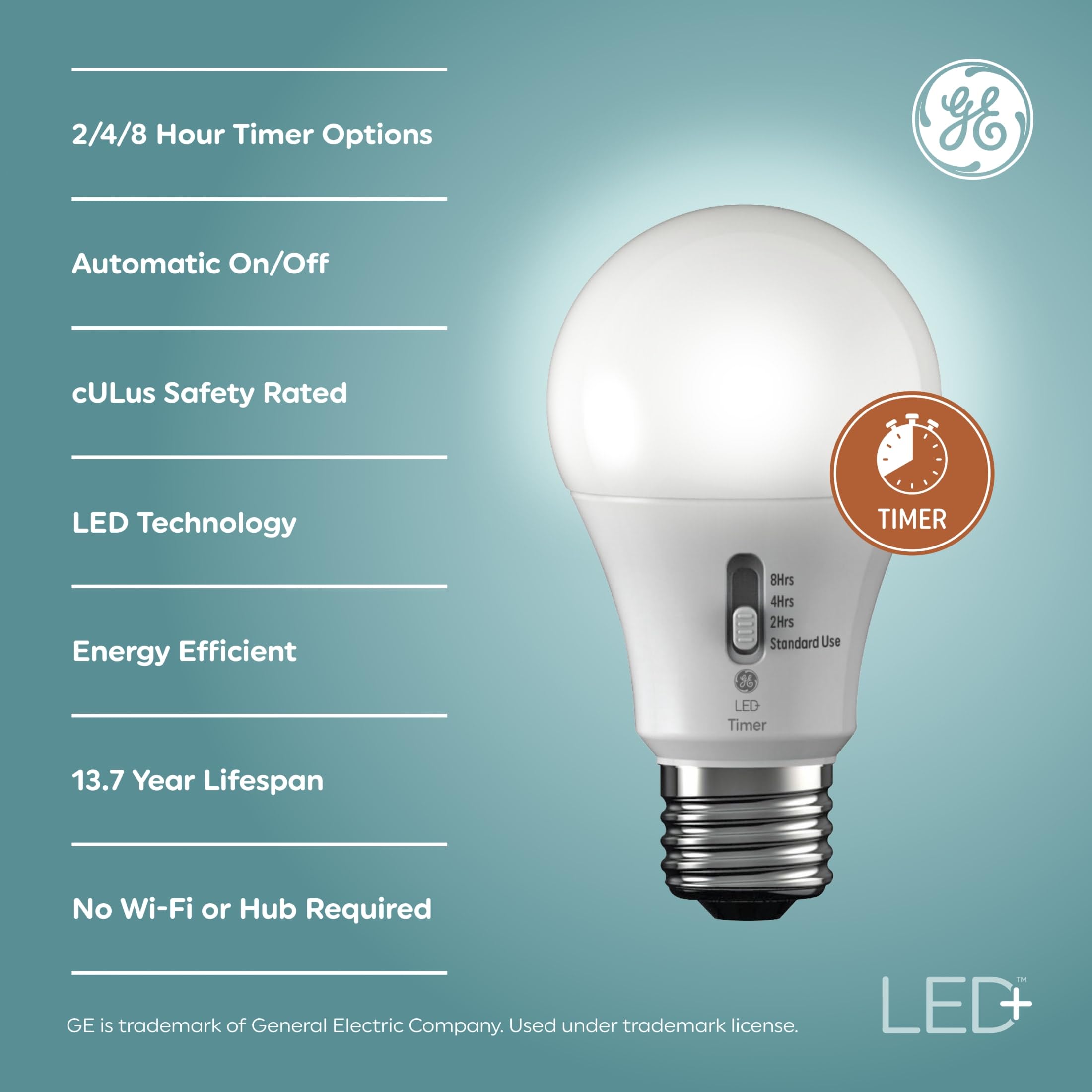 GE LED+ Timer A19 LED Light Bulbs with Built-in Automatic Timer - 8W Soft White (2700K) - Energy Efficient Indoor Lighting for Bedrooms, Porches & Closets (1-Pack)