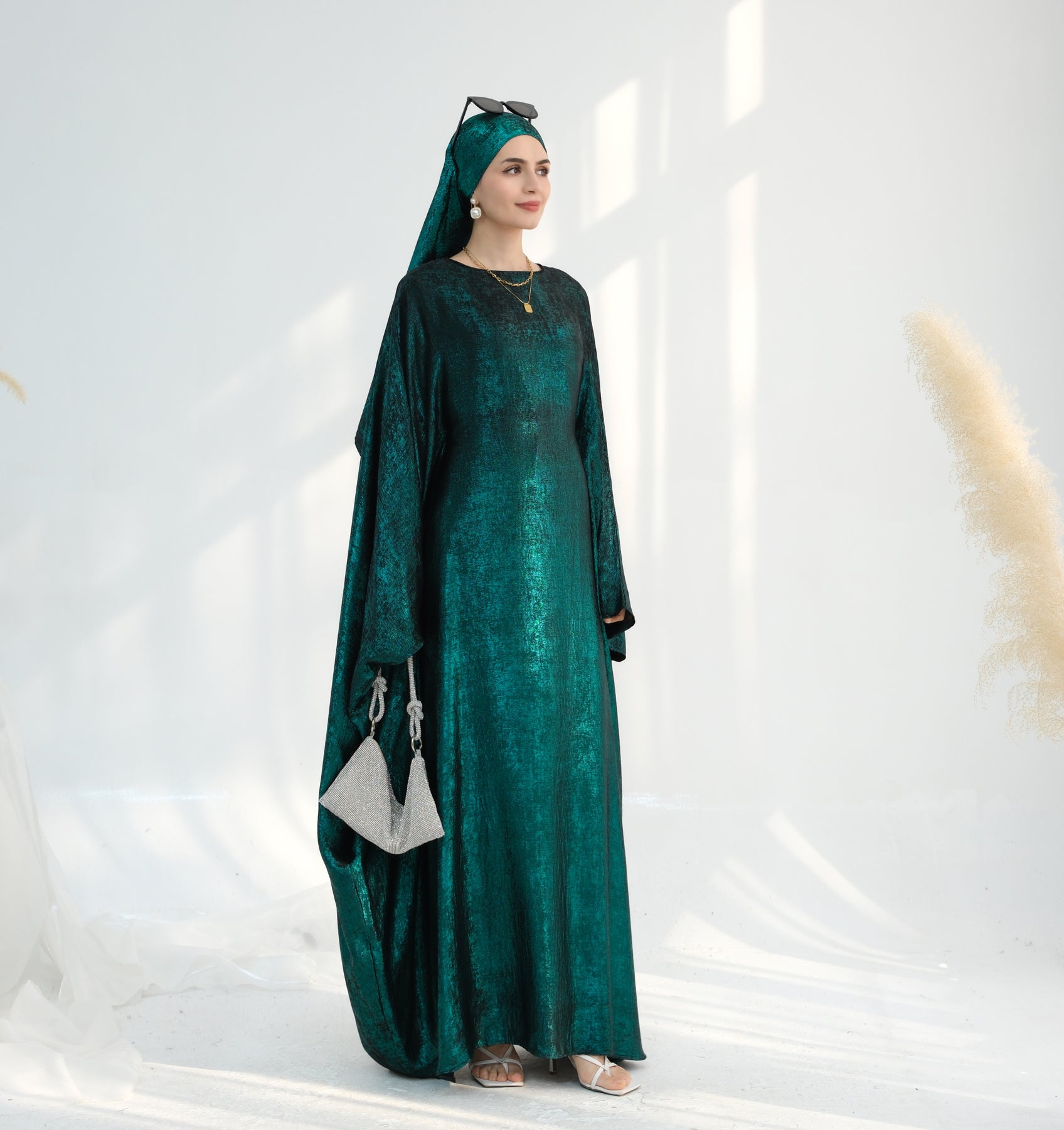 Linora Shimmer Butterfly Abaya - Elegant Green Islamic Dress for Women | Perfect for Eid, Ramadan, and Special Occasions