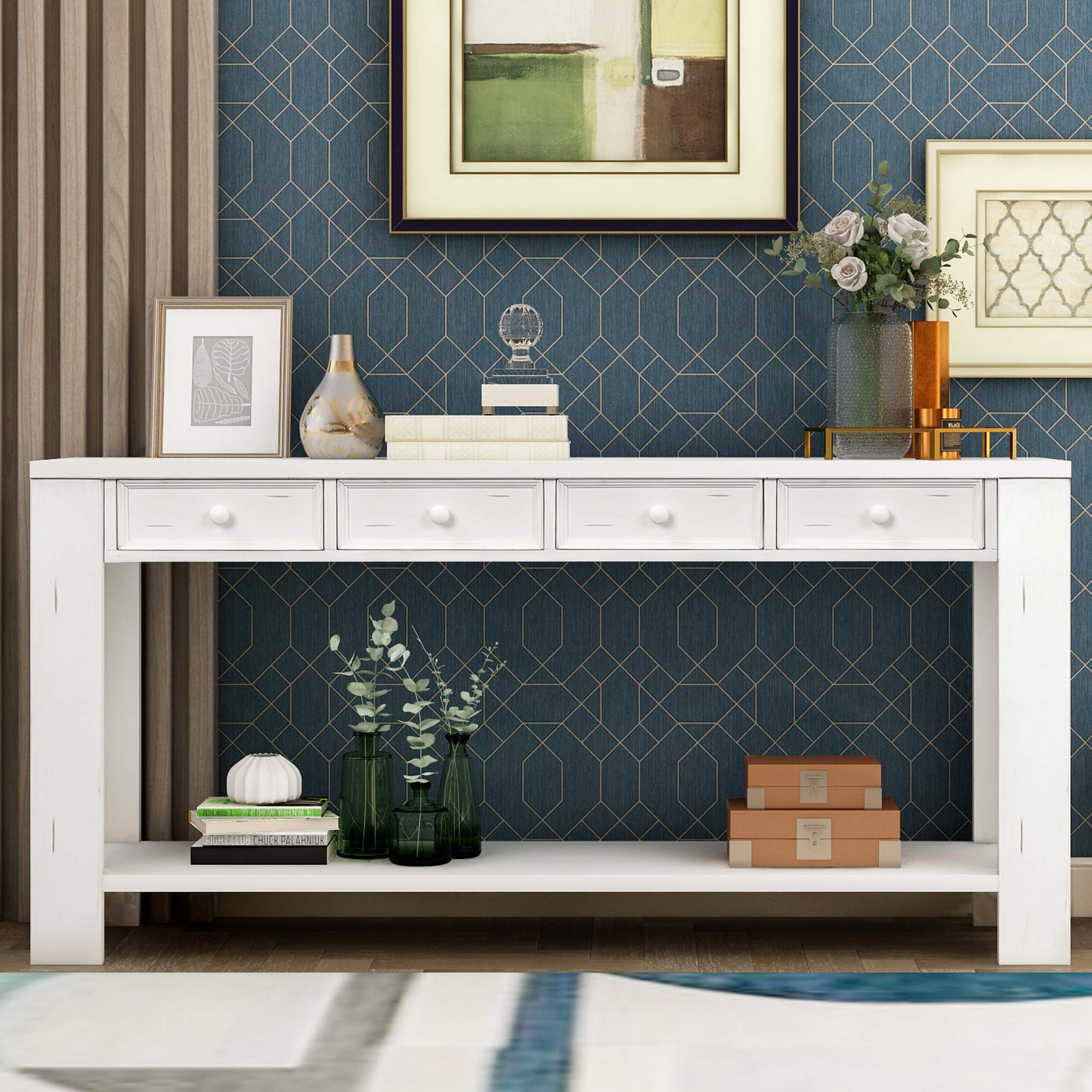 Vintage Style Console Table with 4 Drawers & Bottom Shelf - Entryway Sofa Table for Hallway, Living Room & Bedroom - Elegant White Finish for Home Decor