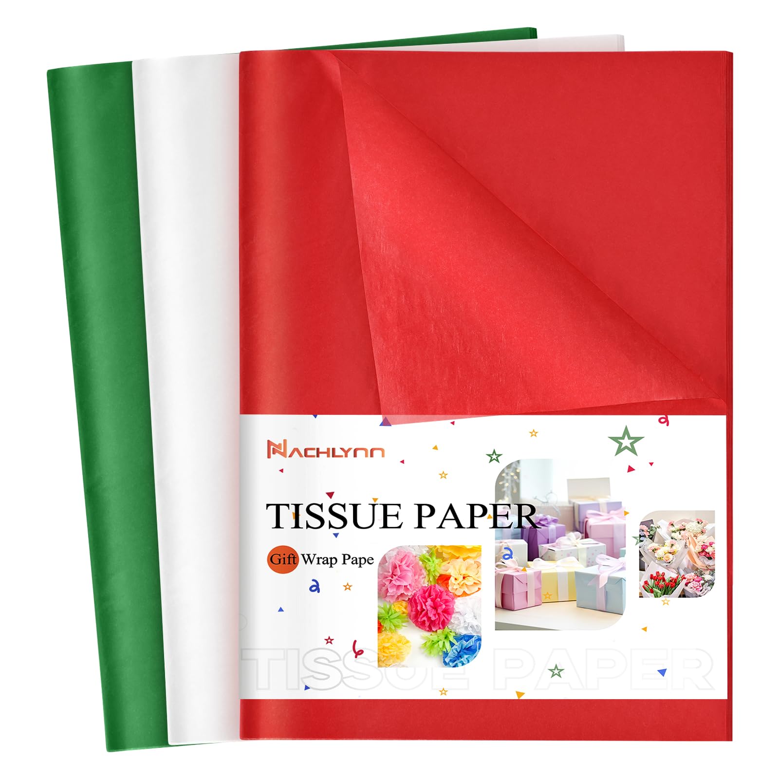 90 Sheets Christmas Tissue Paper Bulk - 20 x 14 Inch Holiday Gift Wrapping Paper for Baby Shower, Party Decor, Gift Bags & Packaging (Green, Red, White) - Perfect for Christmas, Birthdays & Special Occasions