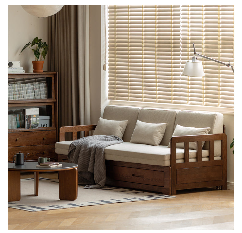 Solid Oak Wood Folding Sofa Bed with Storage | Convertible Guest Bed & Space-Saving Furniture for Small Apartments, Living Rooms & Home Offices
