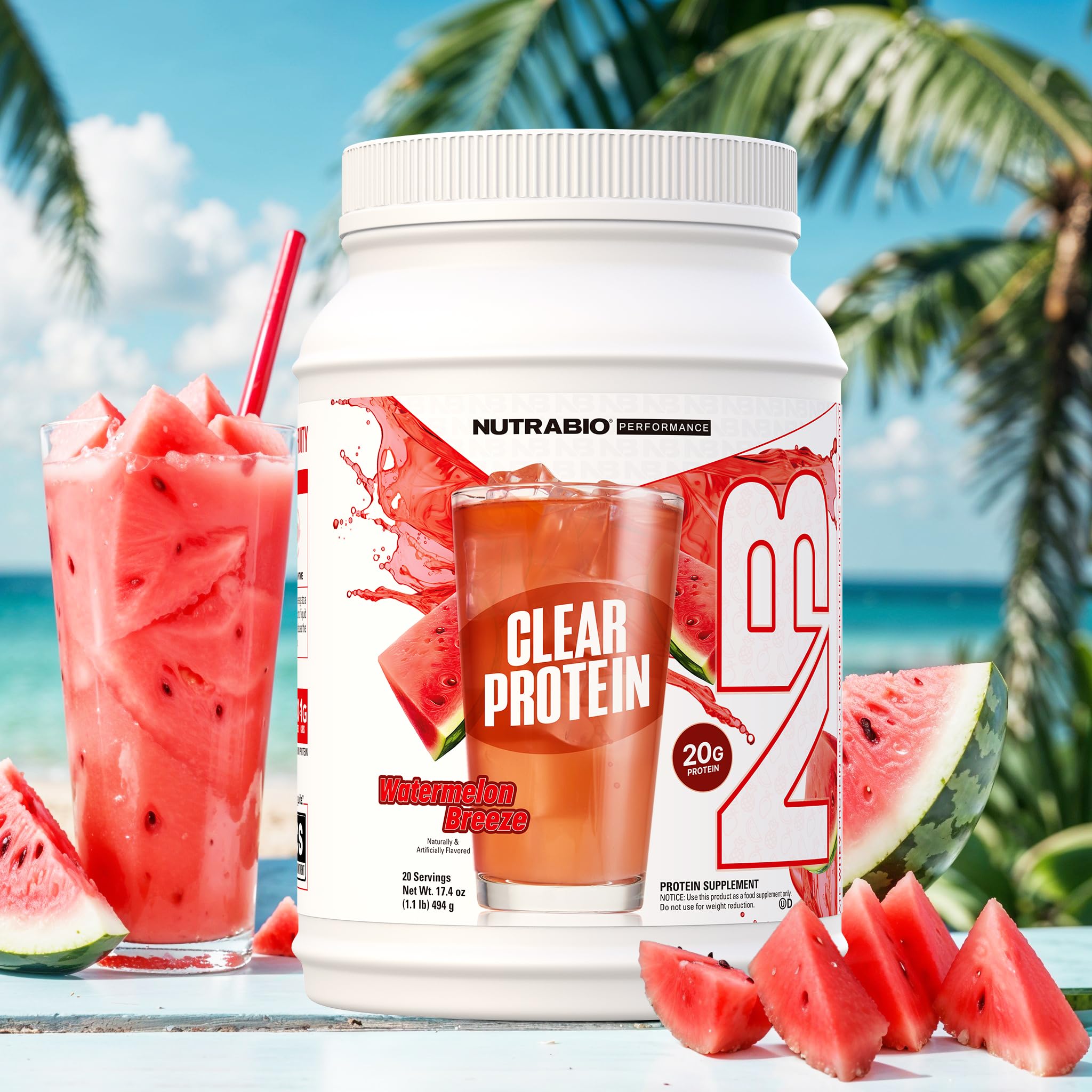 NutraBio Clear Whey Isolate Protein Powder - Refreshing Watermelon Breeze Flavor, Zero Sugar, No Foam, 20 Servings | Perfect for Post-Workout Recovery & On-the-Go Nutrition