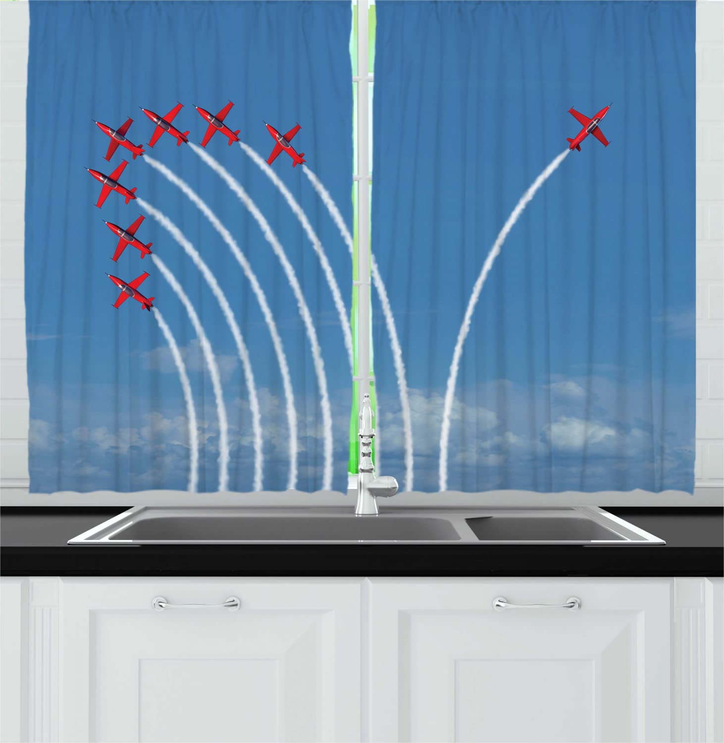 Ambesonne Airplane Design Long Kitchen Curtains - Leadership Inspired Flying Jets Print, 2 Panel Rod Pocket Drapes for Home Decor, 55 x 45 Inches, Sea Blue & Dark Pink - Perfect for Kitchen Windows, Living Room & Bedroom Decor