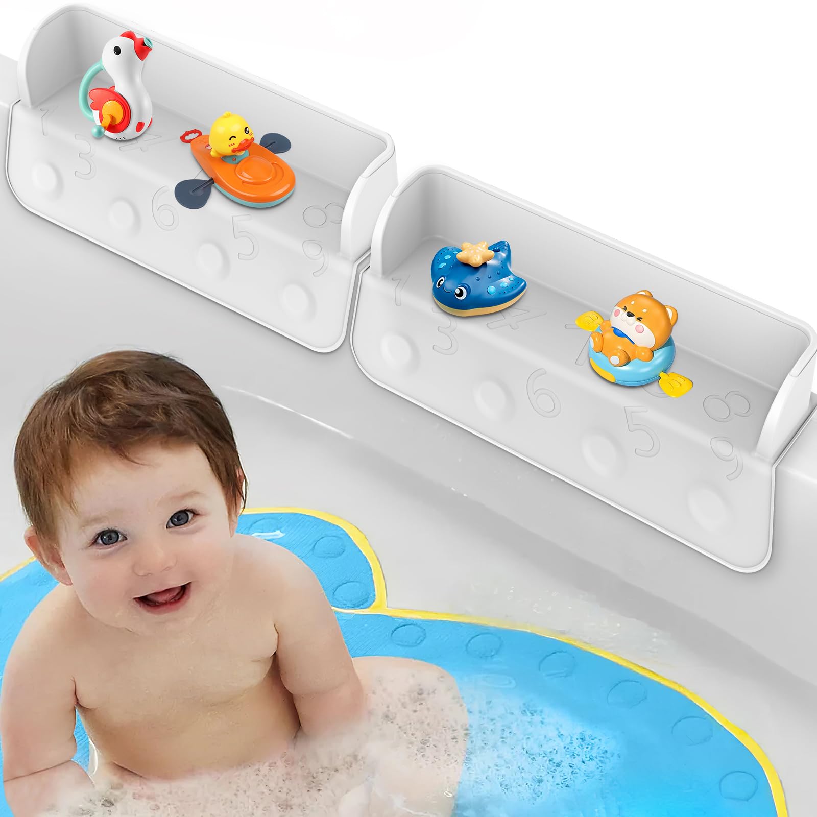 2 Pack 36IN Bathtub Splash Guard for Kids - Non-Slip Play Shelf with 16 Suction Cups, Premium Silicone Baby Bath Tub Splash Protector for Toddlers (White) - Perfect for Bath Time Fun & Water Play Safety