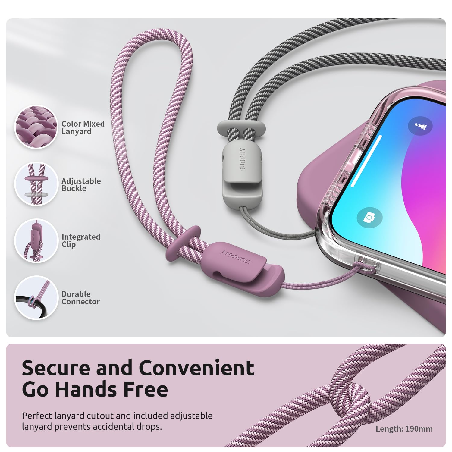 SURPHY iPhone 15 Pro Case 6.1 inch (2023) - Premium Liquid Silicone Protective Cover with Built-in Screen Protector, Camera Protection & Soft Microfiber Lining - Includes Lanyard & Phone Strap (Lilac Purple) - Perfect for Everyday Use, Travel & Outdoor Activities