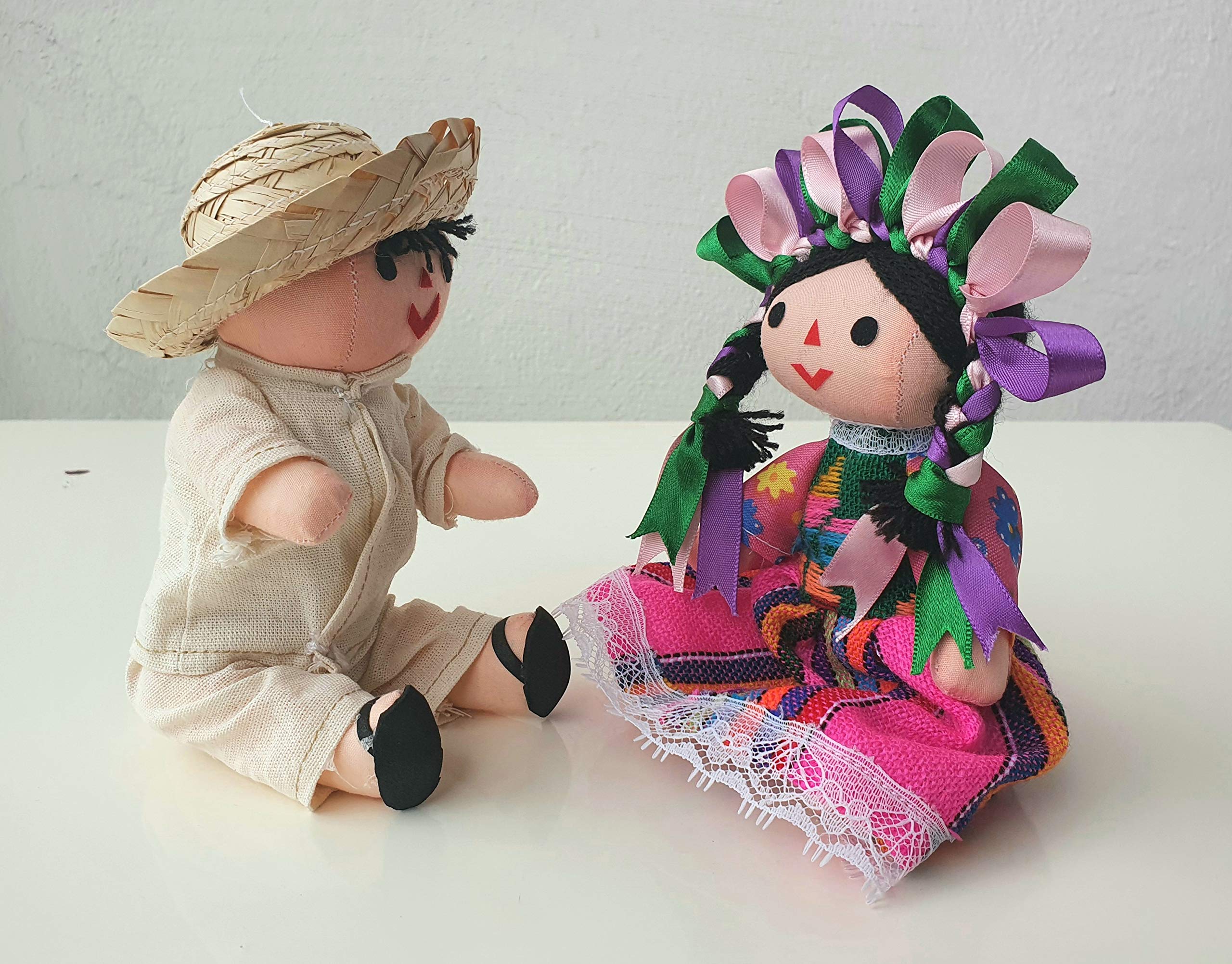 Authentic Mexican Handmade Traditional Rag Couple Dolls - 7 Inch Folk Art Decor - Pink & White - Perfect for Home Decor, Wedding Gifts & Cultural Collections