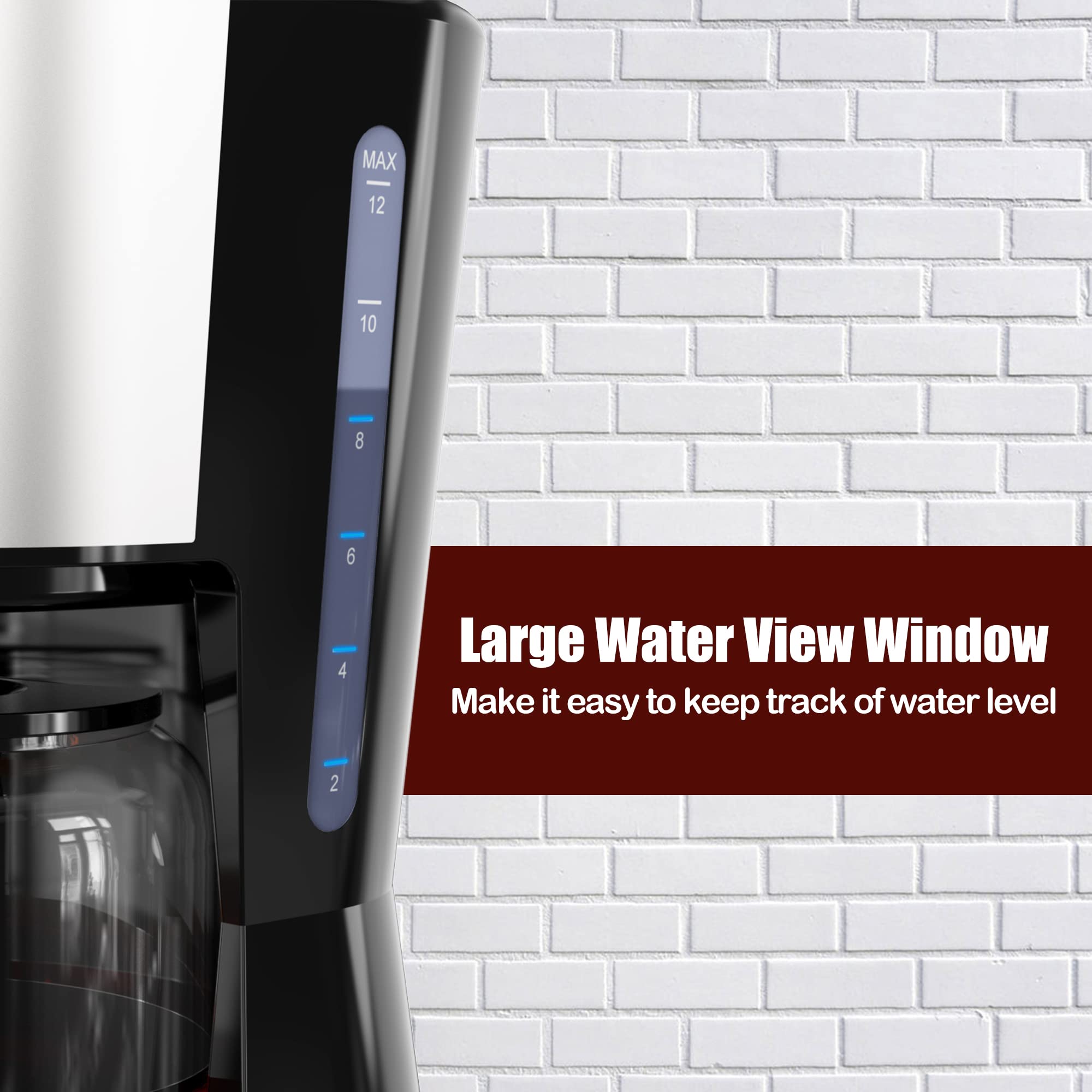 12-Cup Programmable Drip Coffee Maker with Glass Carafe & Permanent Filter - Auto Keep Warm, Water Window - Perfect for Home, Office & Restaurants - Black Coffee Machine