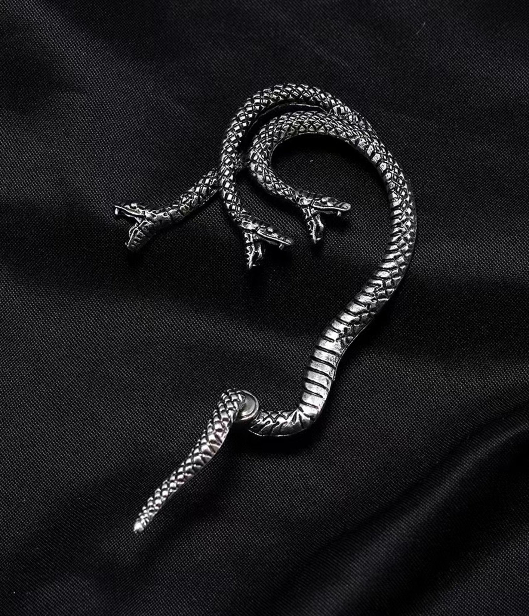 Silver Three-Headed Snake Ear Cuff - Gothic Punk Jewelry for Women | Unique Statement Earrings for Parties, Concerts & Halloween Costume Accessories