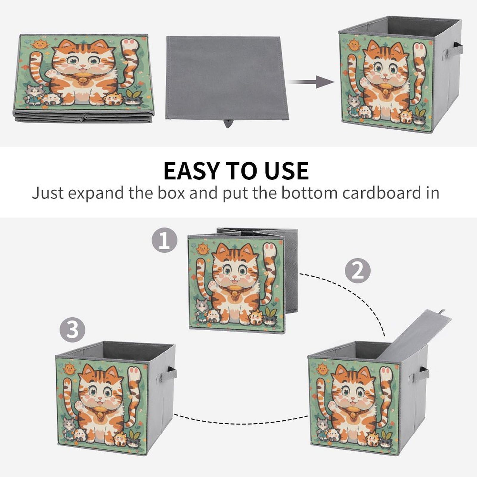 6PCS Collapsible Storage Bins with Handles - Cute Cartoon Cat Printed Foldable Organizer Boxes for Home, Kitchen, Bathroom & Closet Organization - Space Saving Storage Containers for Shelves, Cabinets & Under Bed