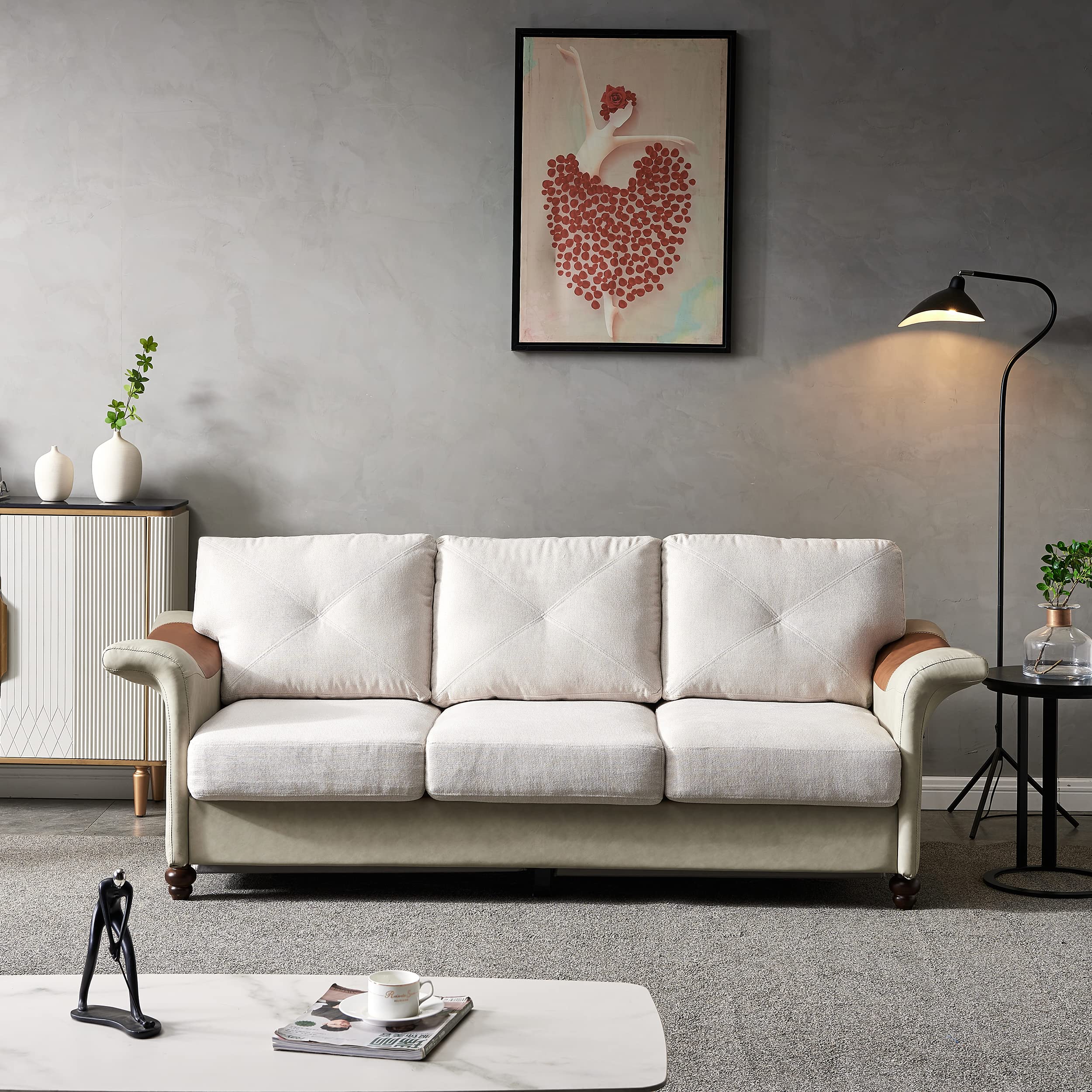 Lepfun Mid-Century Modern Sectional Sofa Bed - Convertible Futon Sleeper with Linen Fabric & Faux Leather, 6 Wooden Legs & 2 Removable Storage Boxes, Beige - Perfect for Small Space Living Rooms, Guest Rooms & Apartments